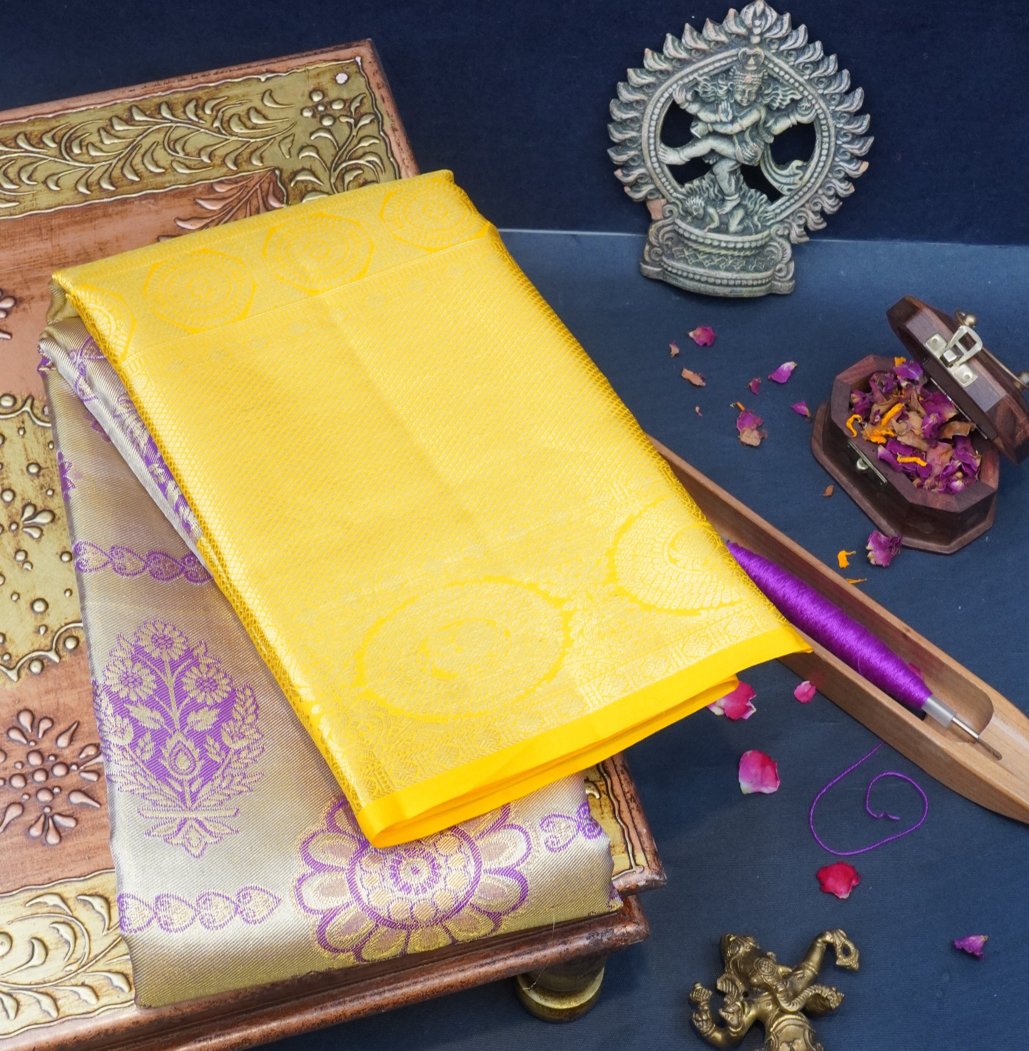 JSB- 8013 | Purple & Yellow Pure Kanchi Tissue Pattu Saree
