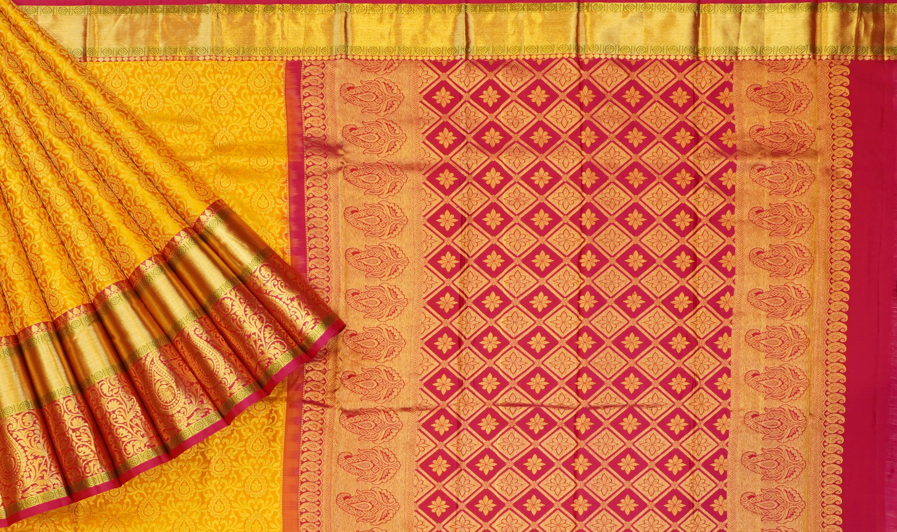 JSB- 8791 | Yellow & Pink Pure Kanchi Pattu Saree