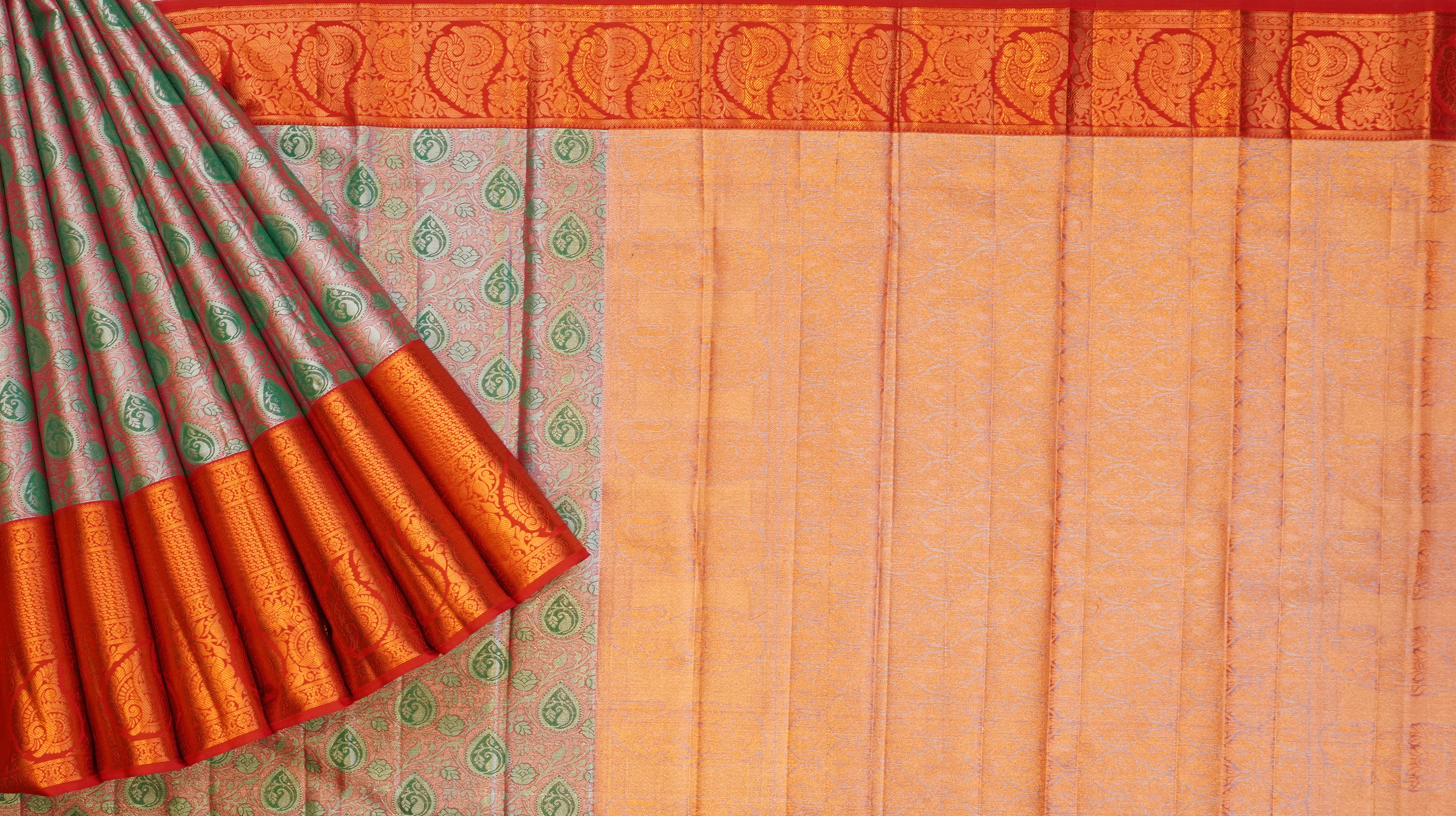 JSB- 8825 | Green & Maroon Kanchi Tissue Pattu Saree