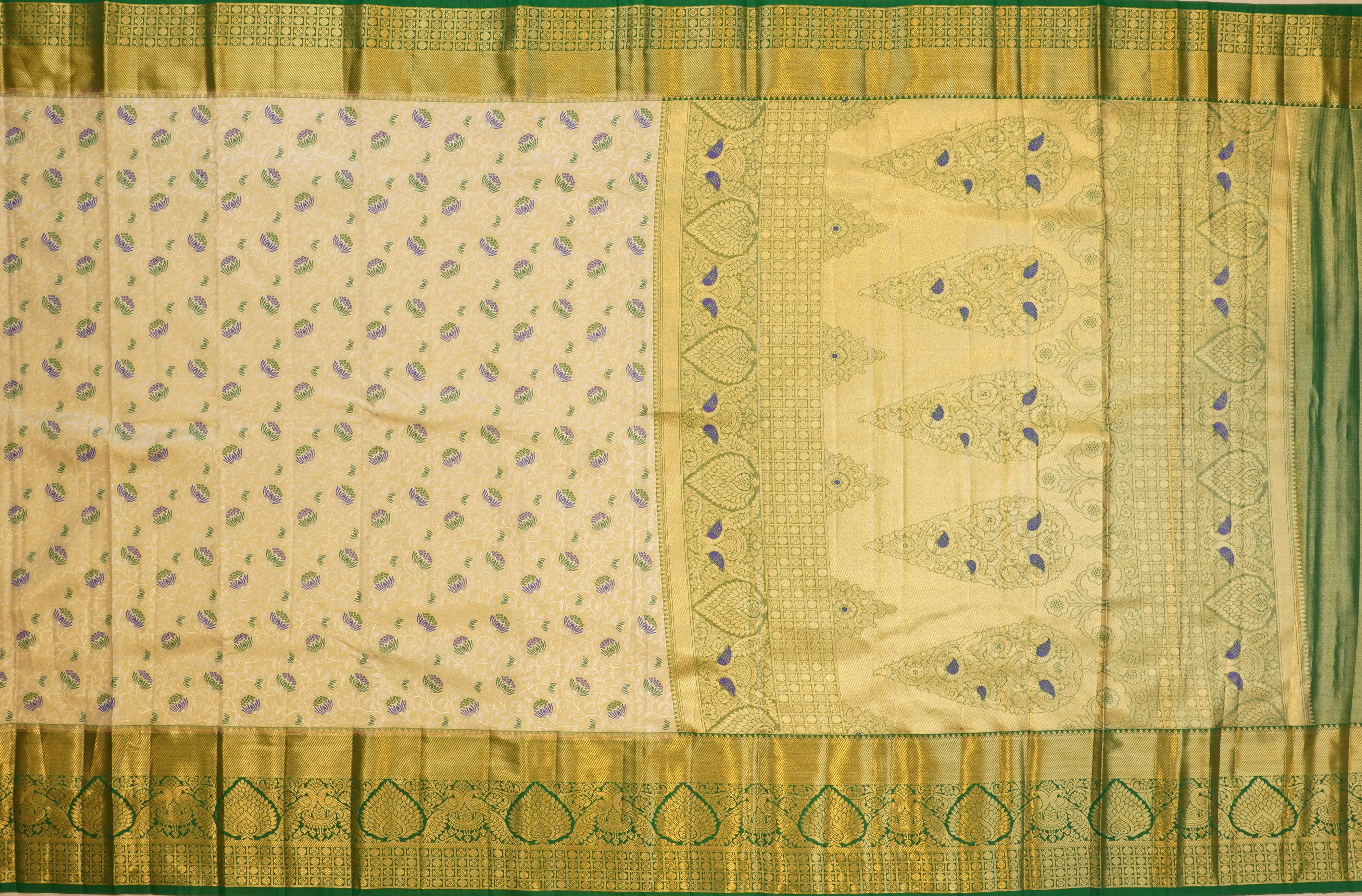 JSB- 8822 | Cream & Green Kanchi Tissue Pattu Saree