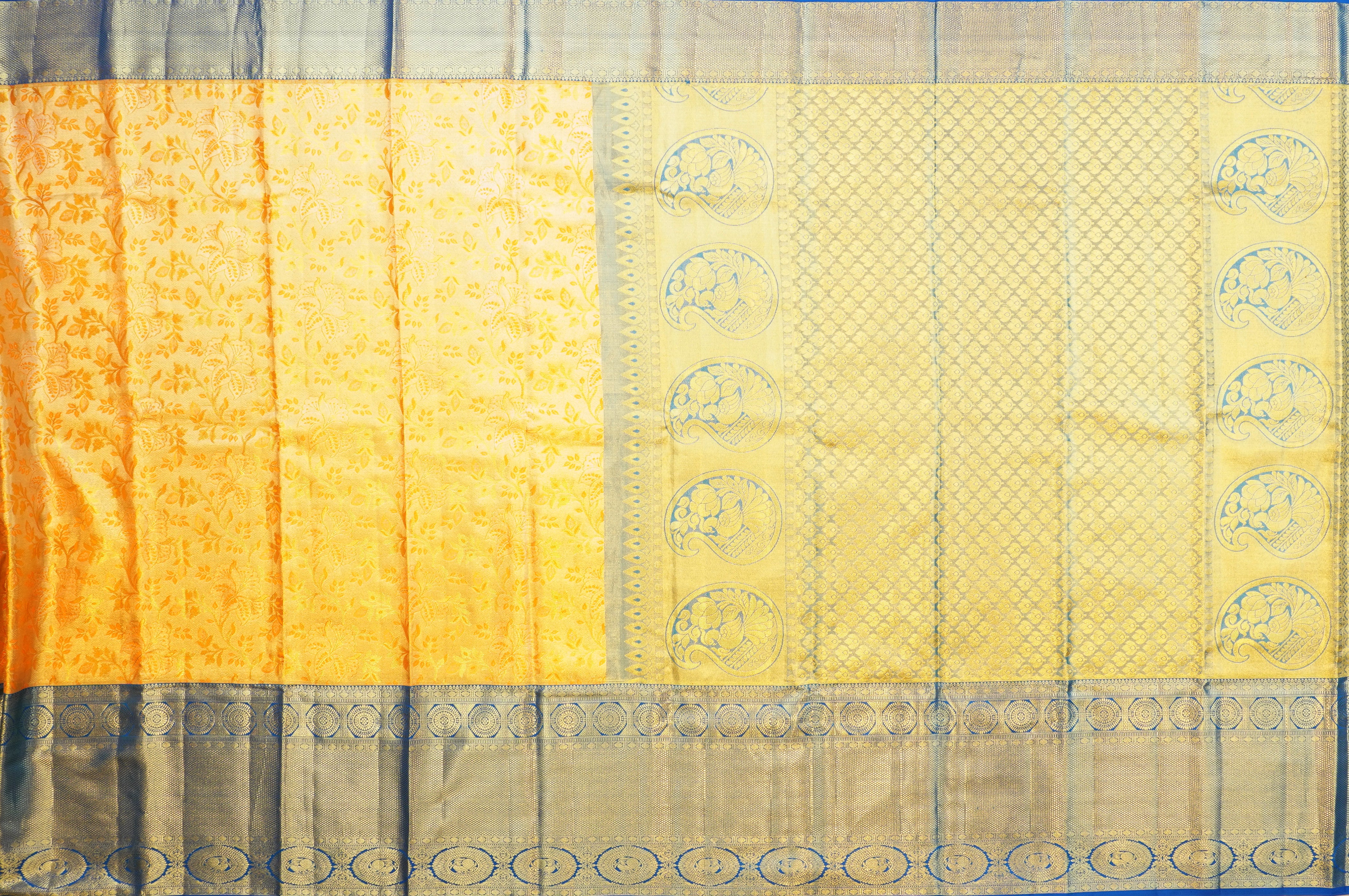 JSB- 9040 | Mustard & Blue Pure Kanchi Tissue Pattu Saree