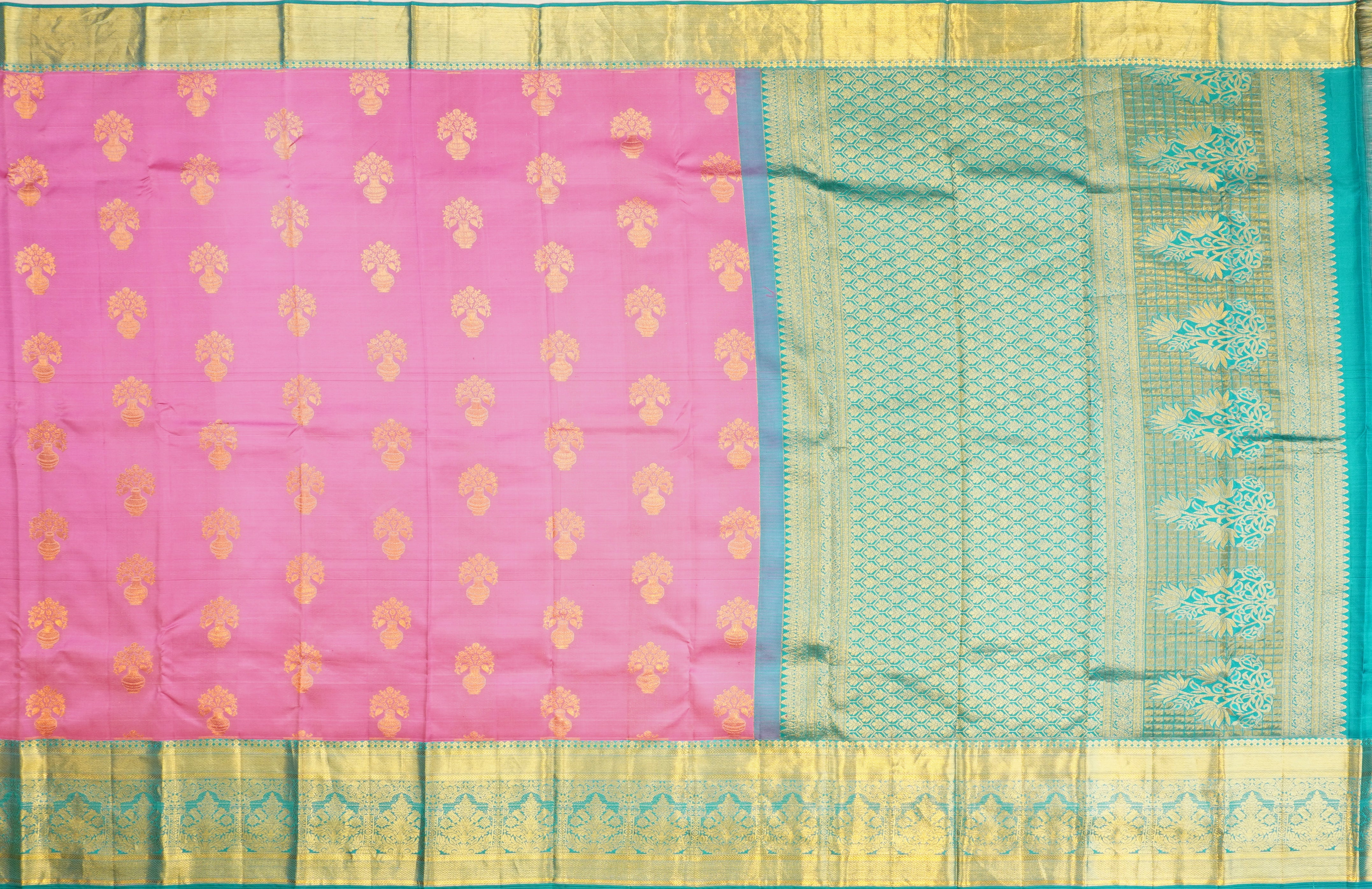JSB- 9047 | Pink & Sea Green Pure Kanchi Pattu Saree