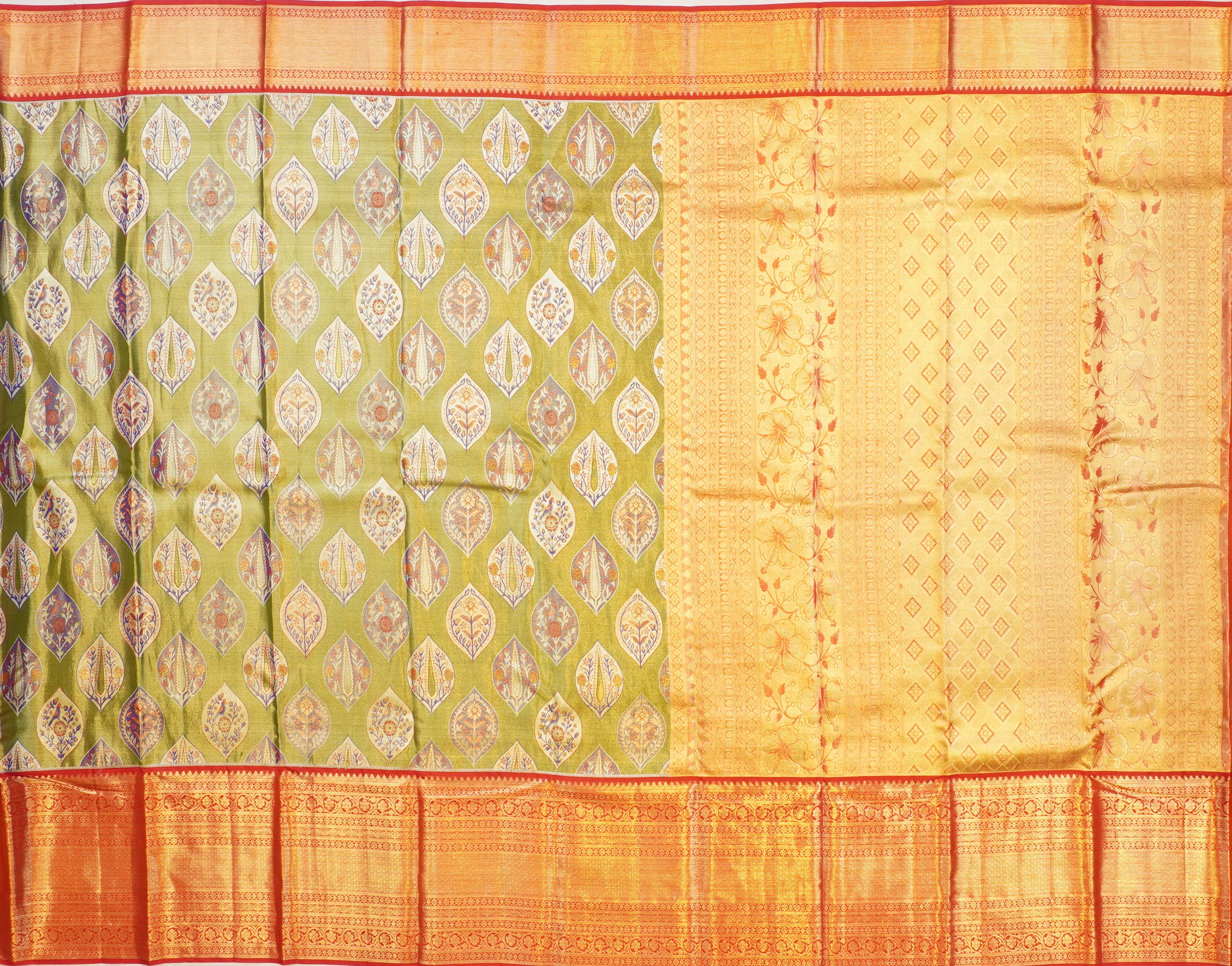 JSB- 9062 | Green & Red Pure Kanchi Tissue Pattu Saree