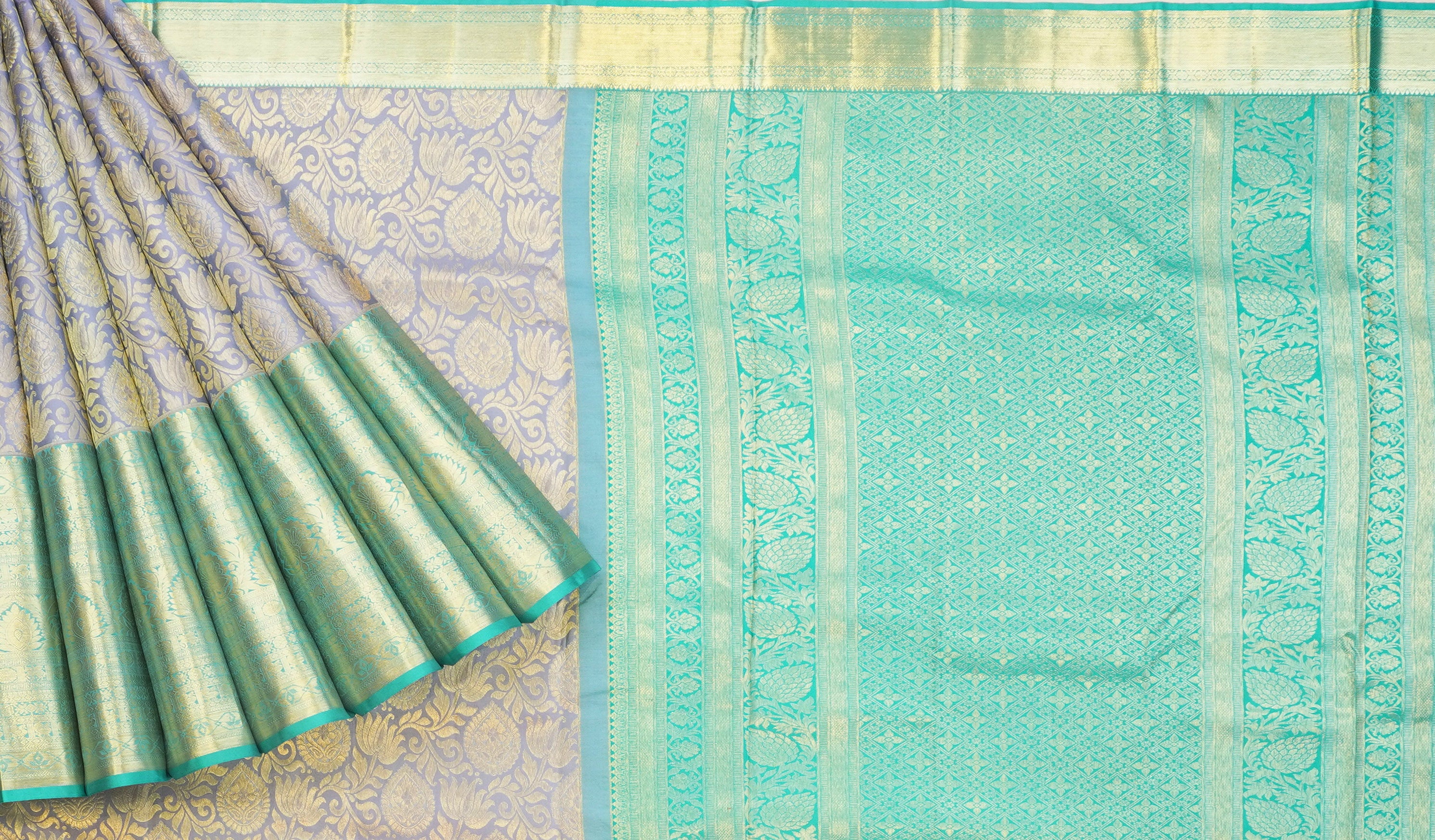 JSB- 9325 | Grey & Sea Green Pure Kanchi Parinaya Pattu Saree