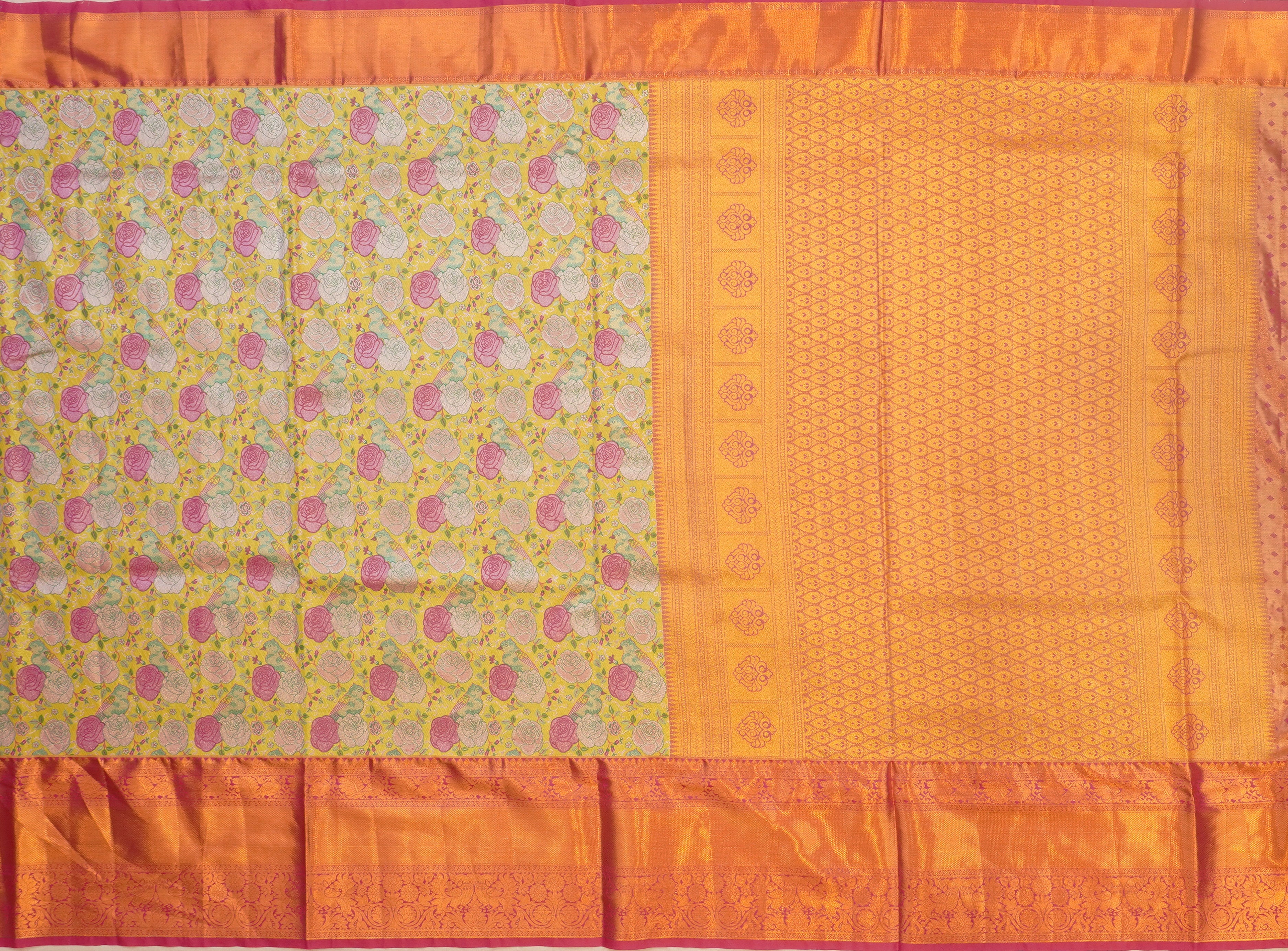JSB- 9398 | Neon Yellow & Pink Jamdhani Tissue Pattu Saree