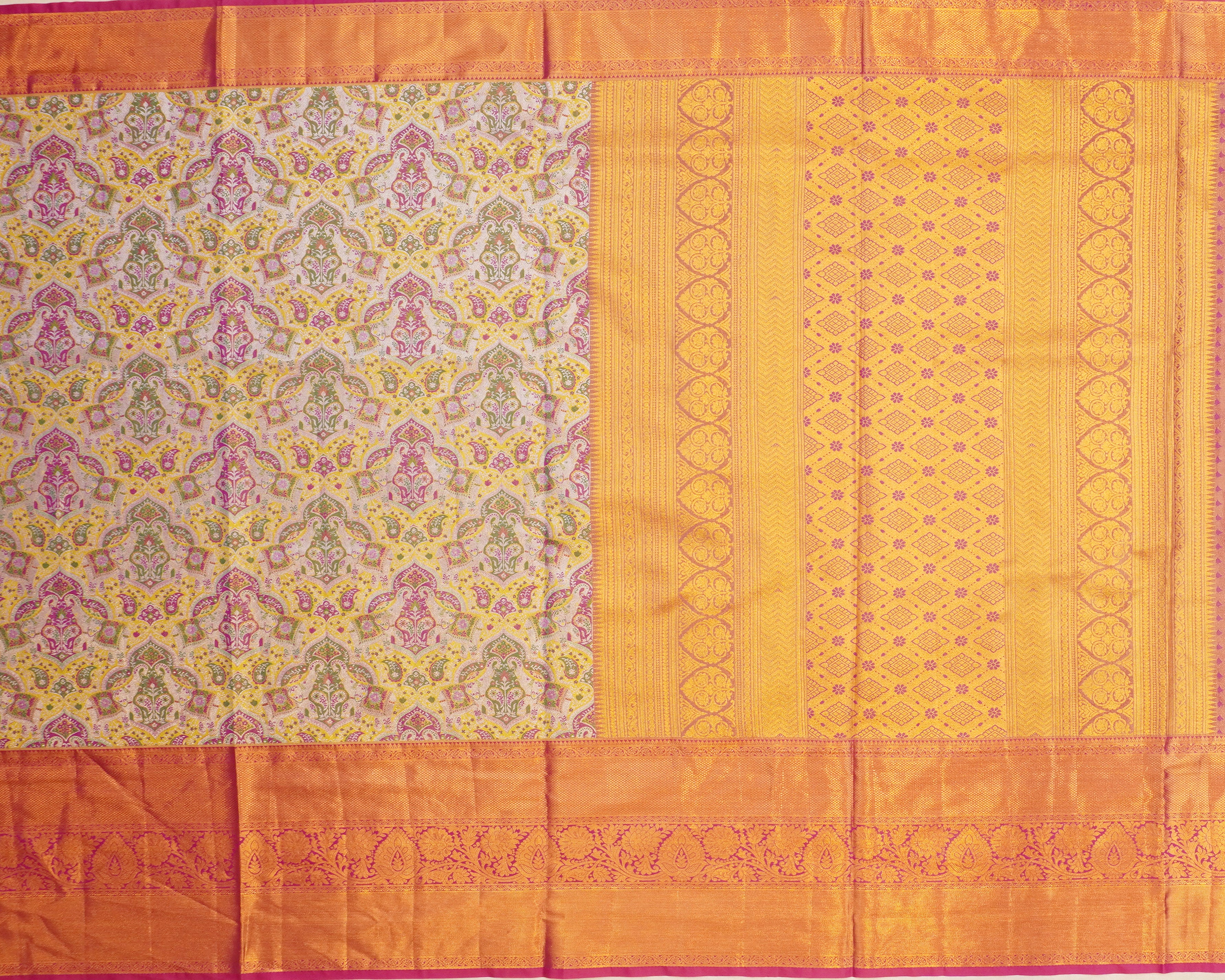 JSB- 9399 | Mehndi Green & Pink Jamdhani Tissue Pattu Saree