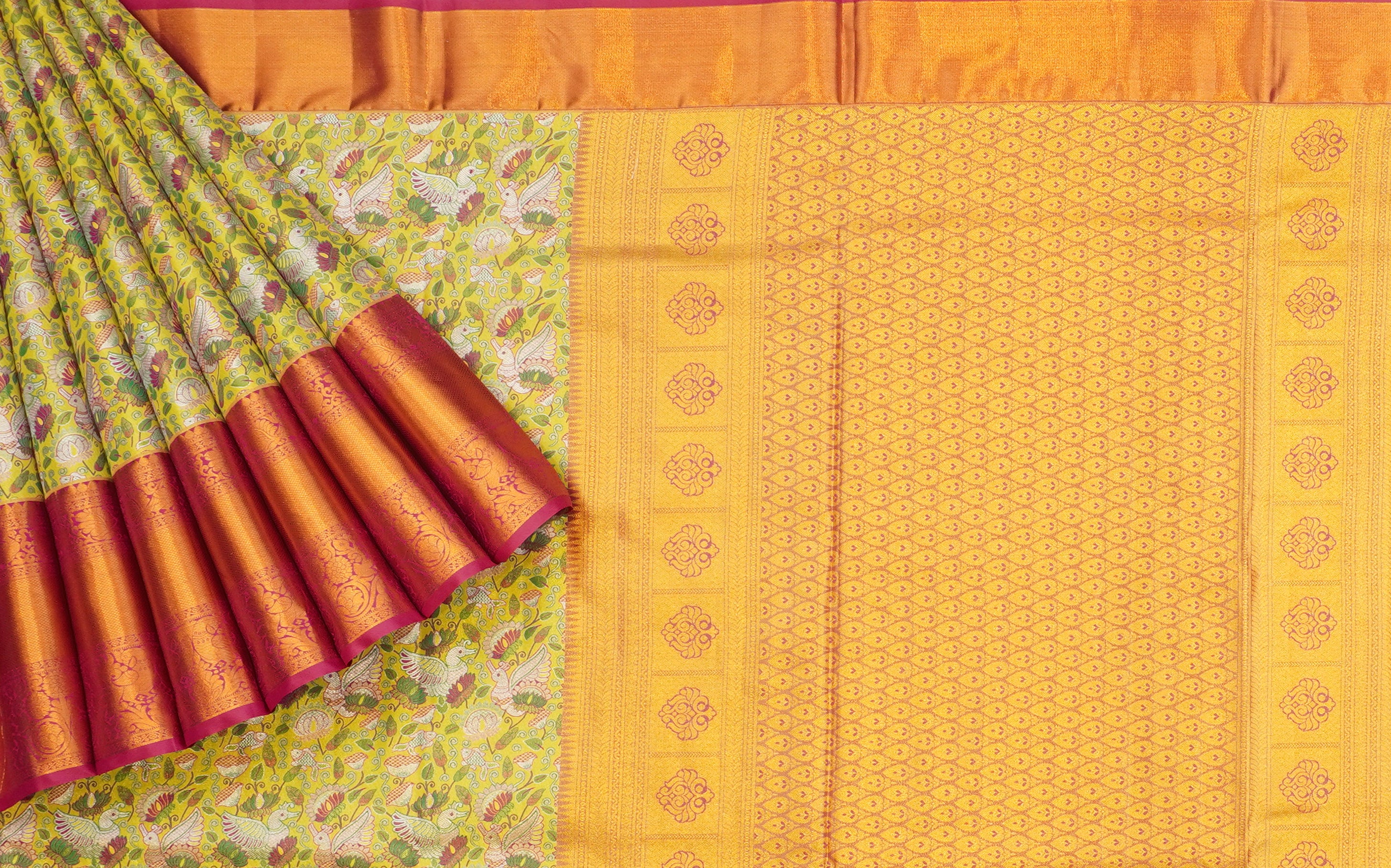 JSB- 9402 | Neon Yellow & Pink Jamdhani Tissue Pattu Saree