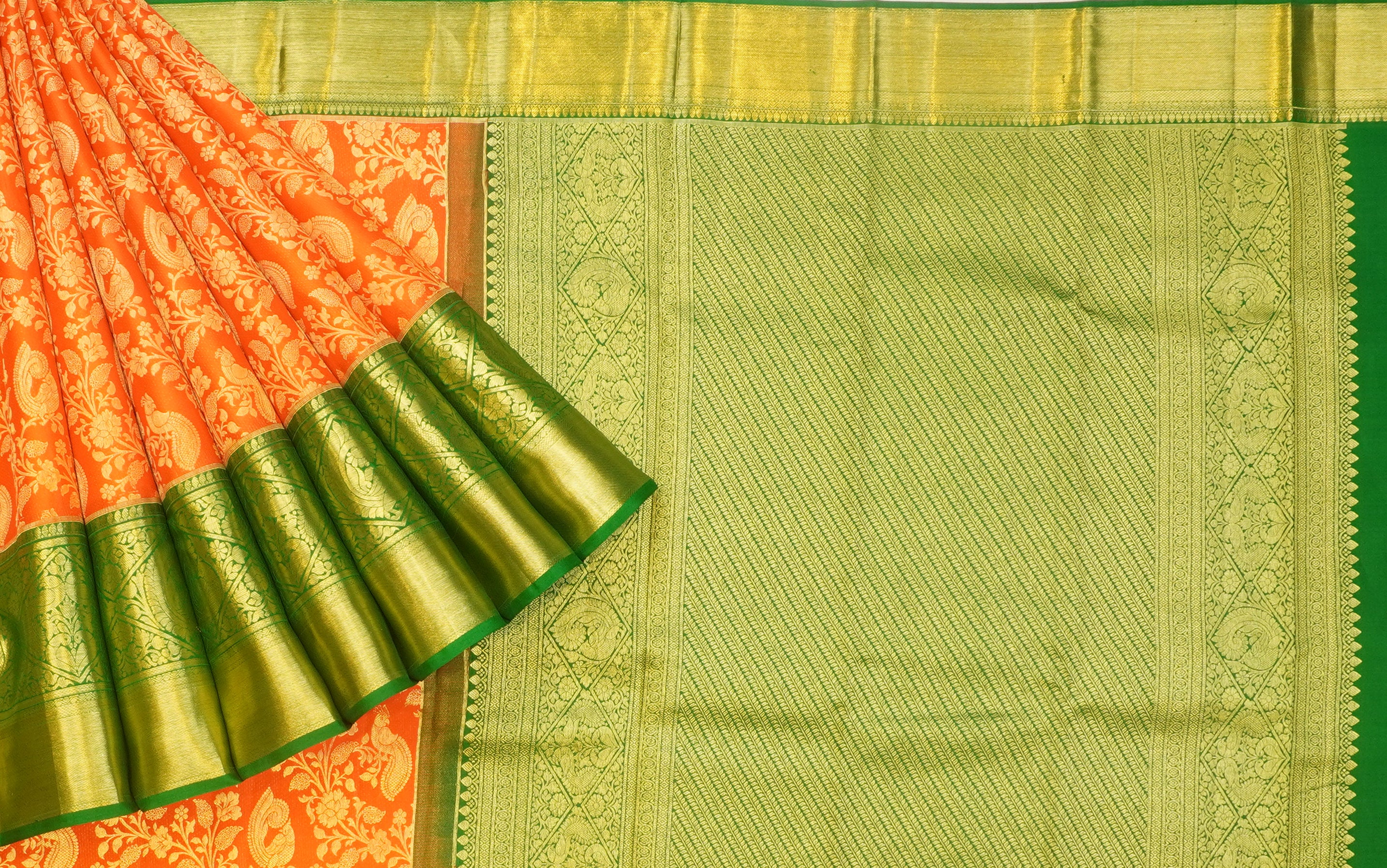 JSB- 9622 | Orange & Green Pure Kanchi Sampradaya Pattu Saree