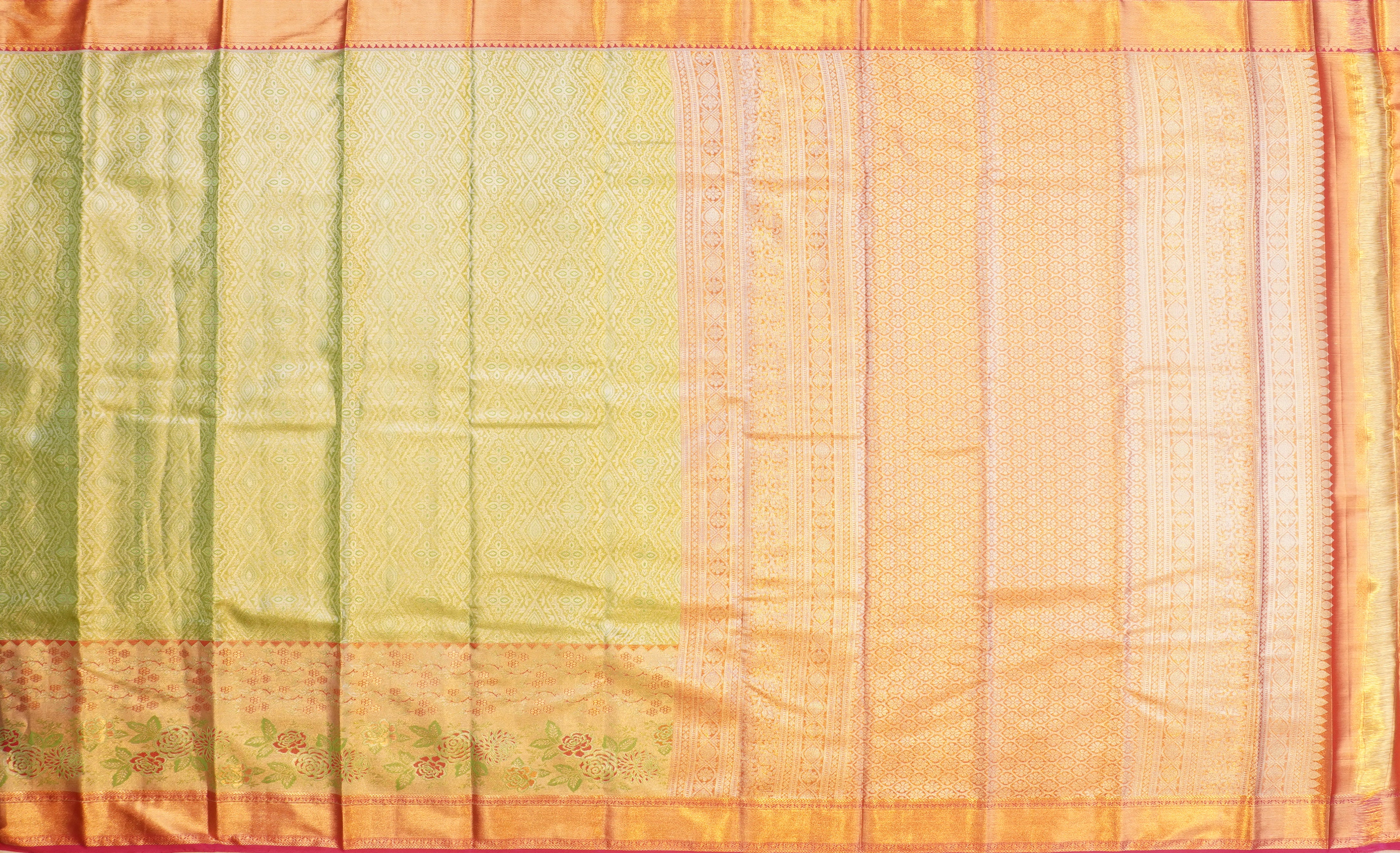 JSB- 9639 | Green & Pink Kanchi Tissue Pattu Saree