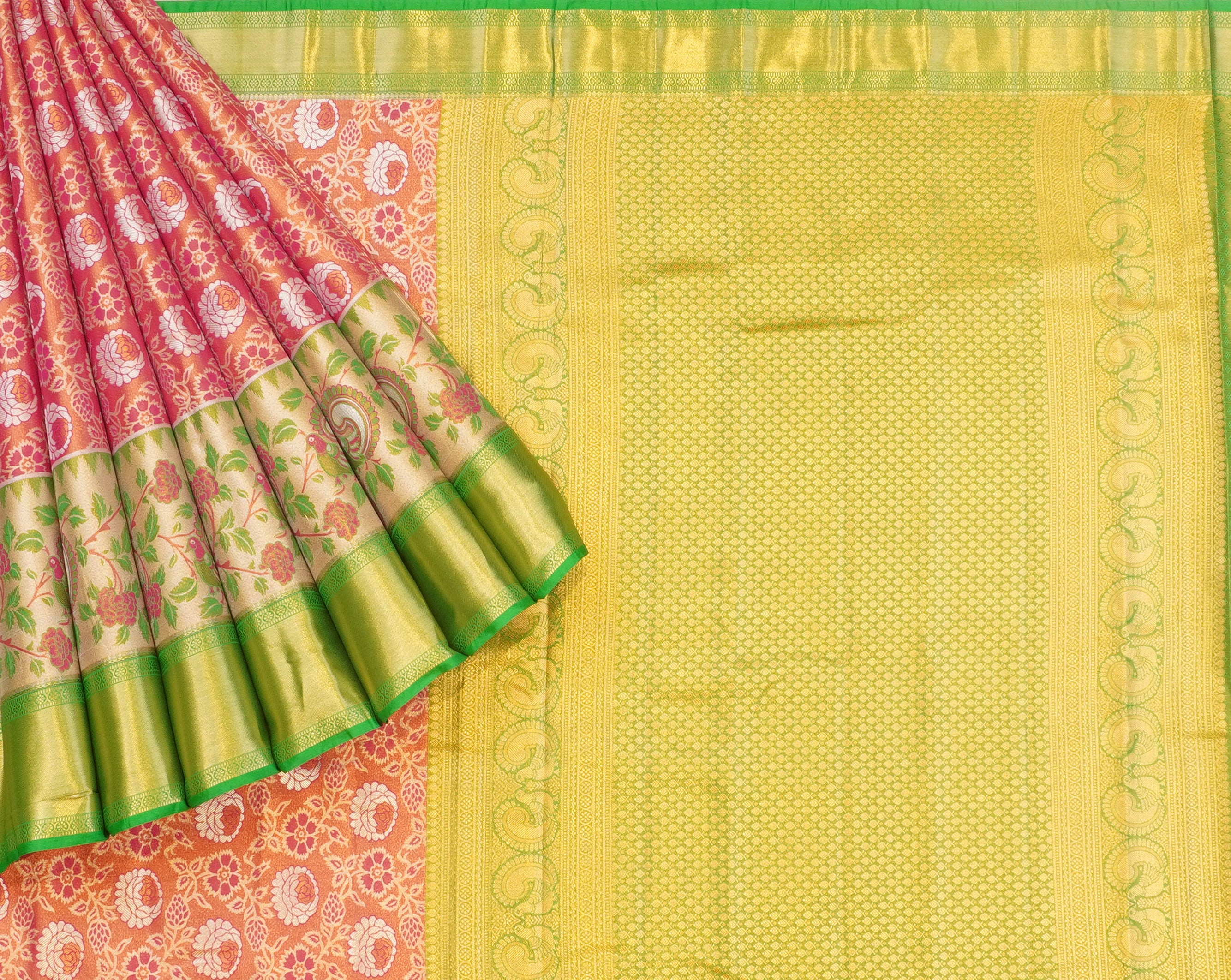 JSB- 9634 | Pink & Green Kanchi Tissue Pattu Saree