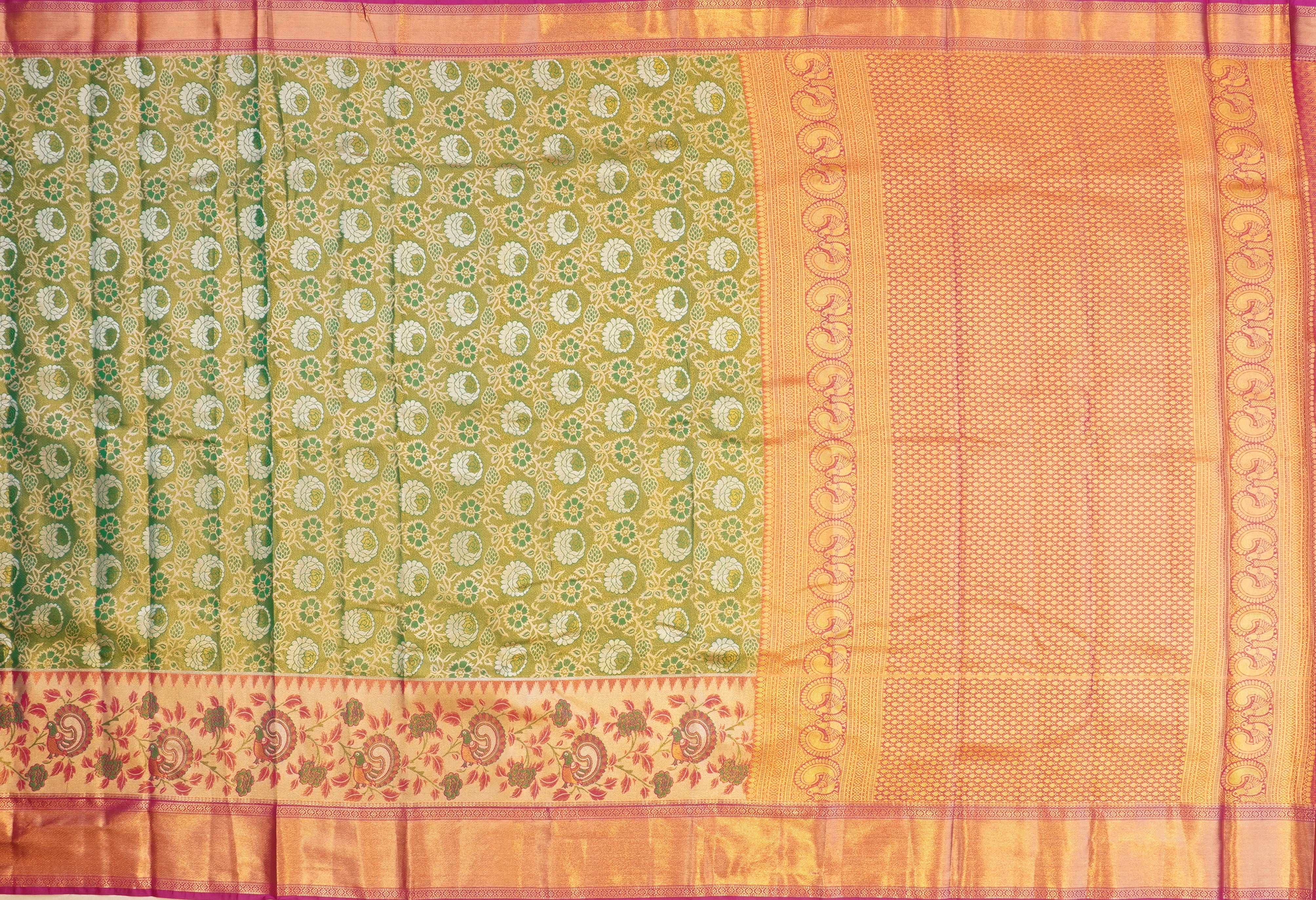 JSB- 9635 | Green & Pink Kanchi Tissue Pattu Saree
