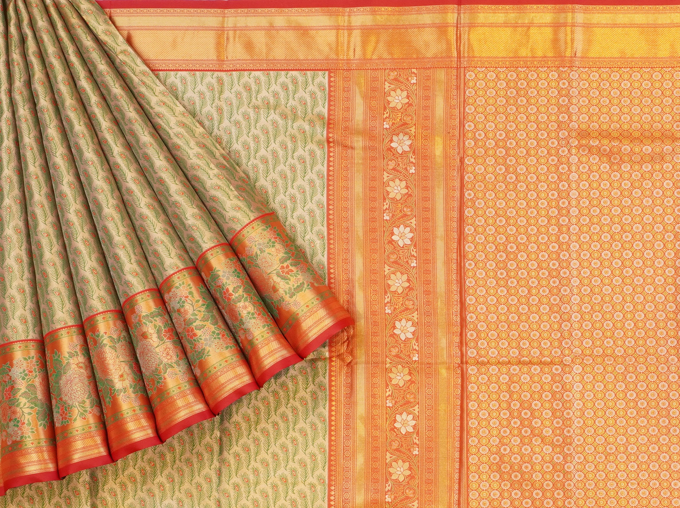 JSB- 10430 | Green & Red Kathan Tissue Saree