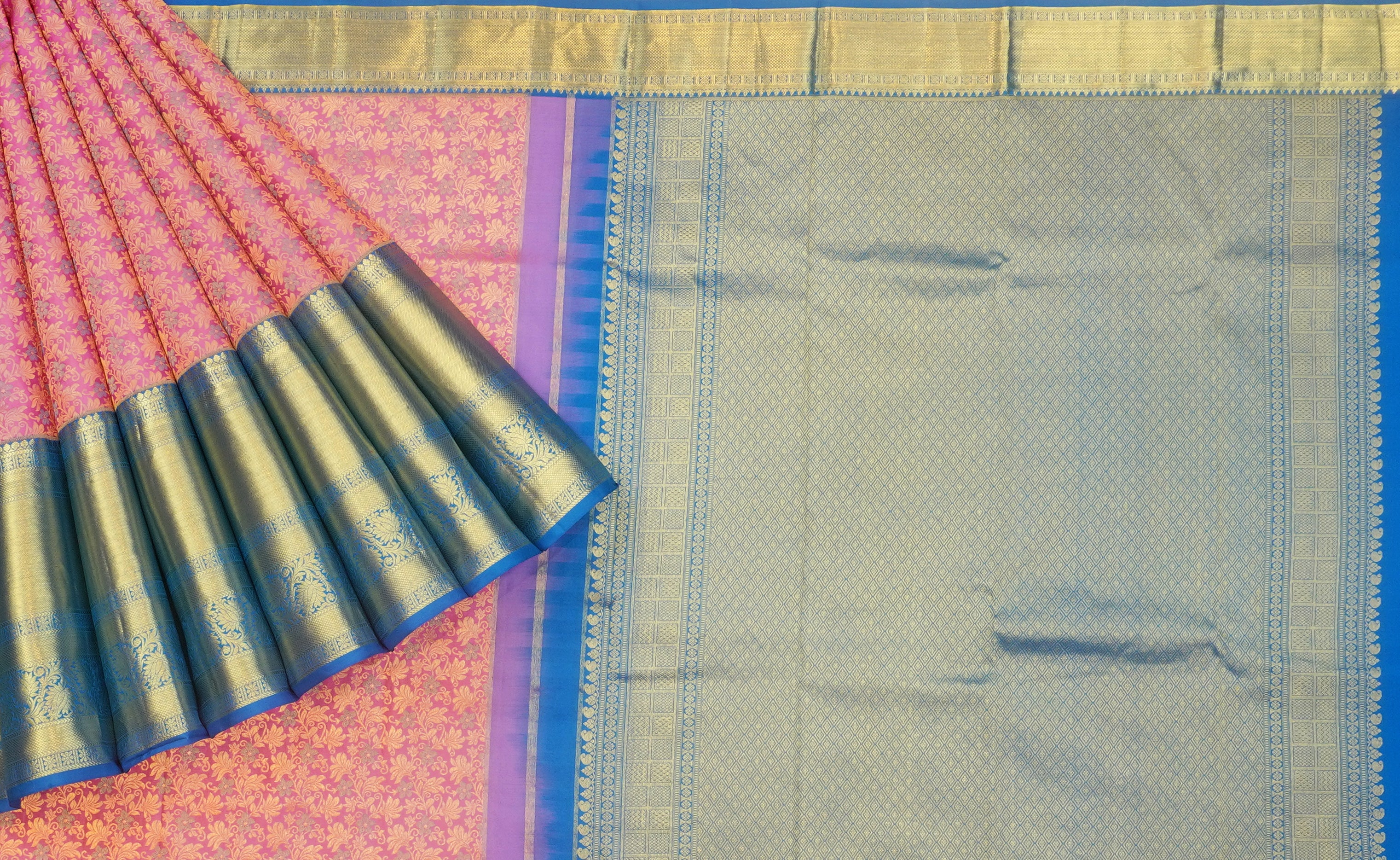 JSB- 10008 | Pink & Blue Pure Kanchi Kalakshetra Pattu Saree