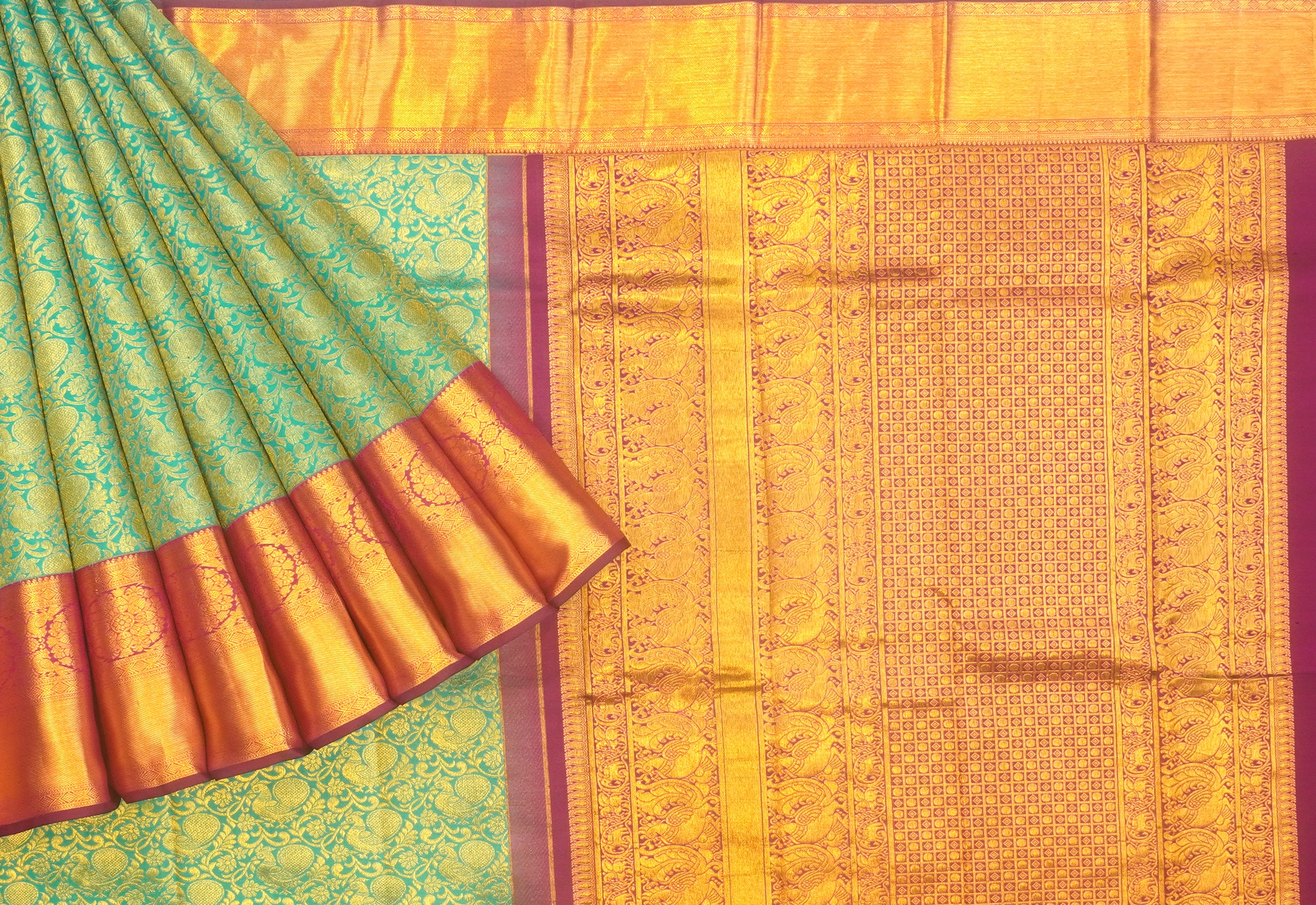 JSB- 10007 | Green & Purple Pure Kanchi Kalakshetra Pattu Saree