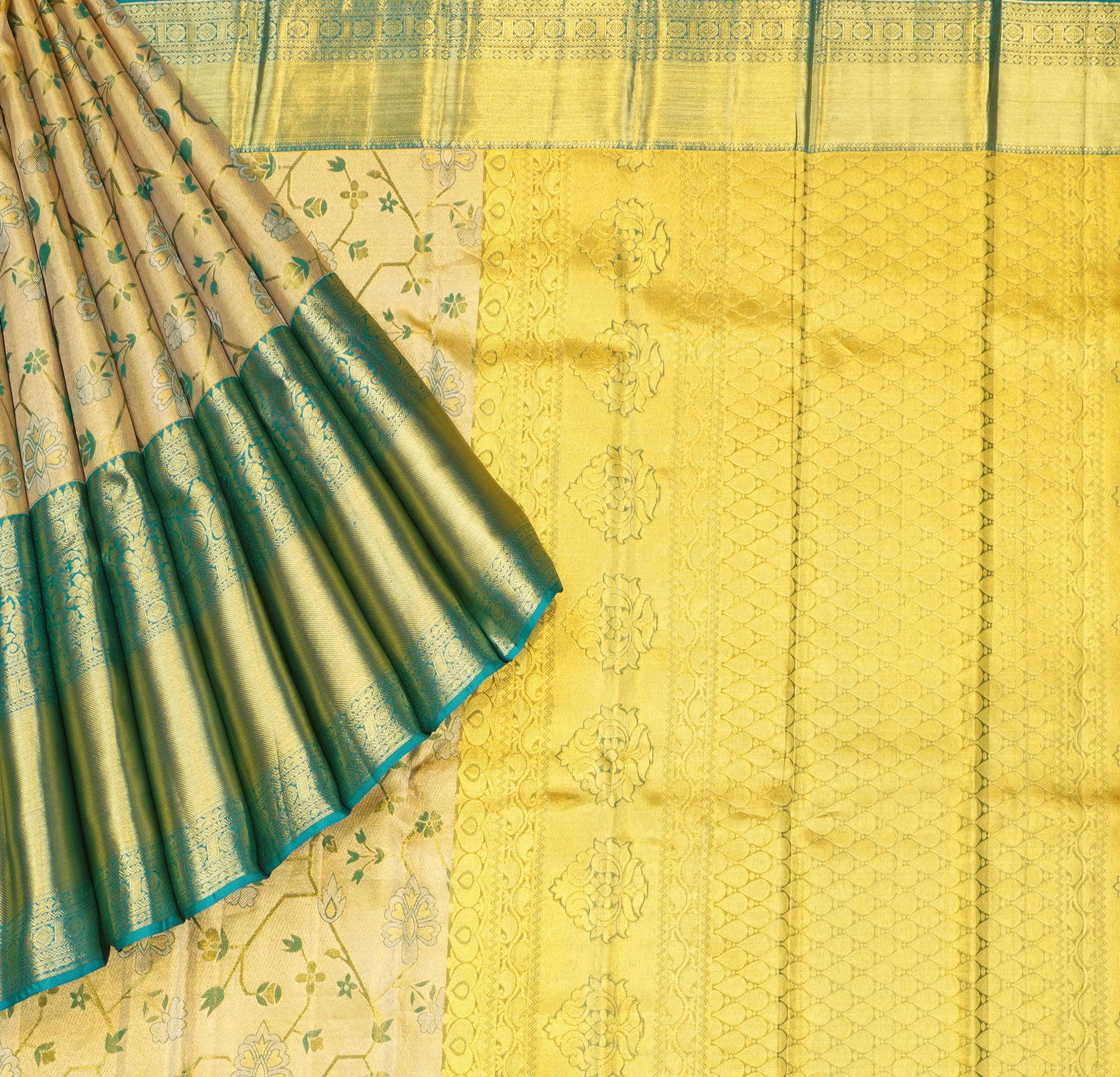 JSB- 9720 | Gold & Blue Pure Kanchi Tissue Patttu Saree