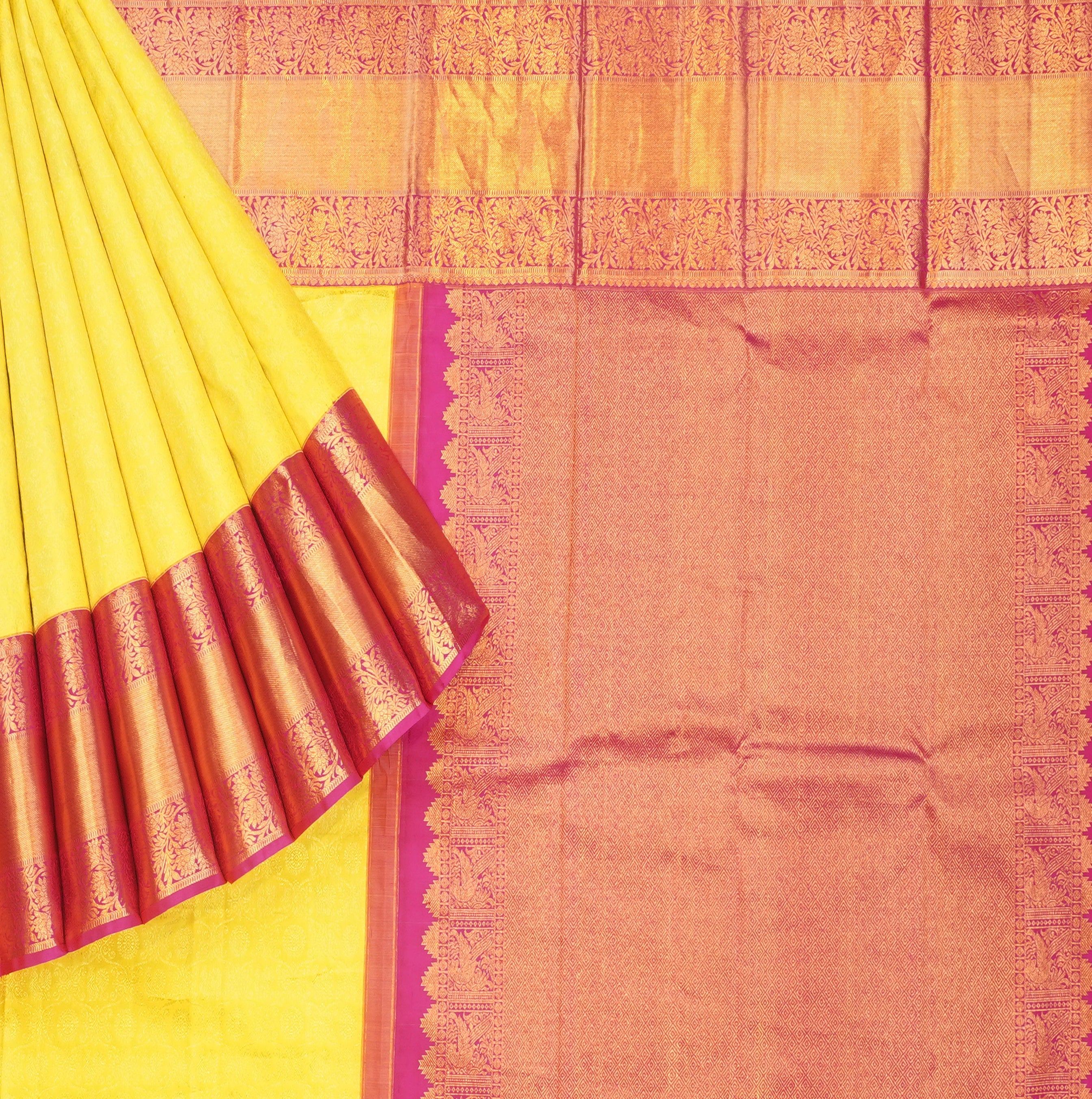 JSB- 9979 | Yellow & Pink Kanchi Sampradaya Pattu Saree