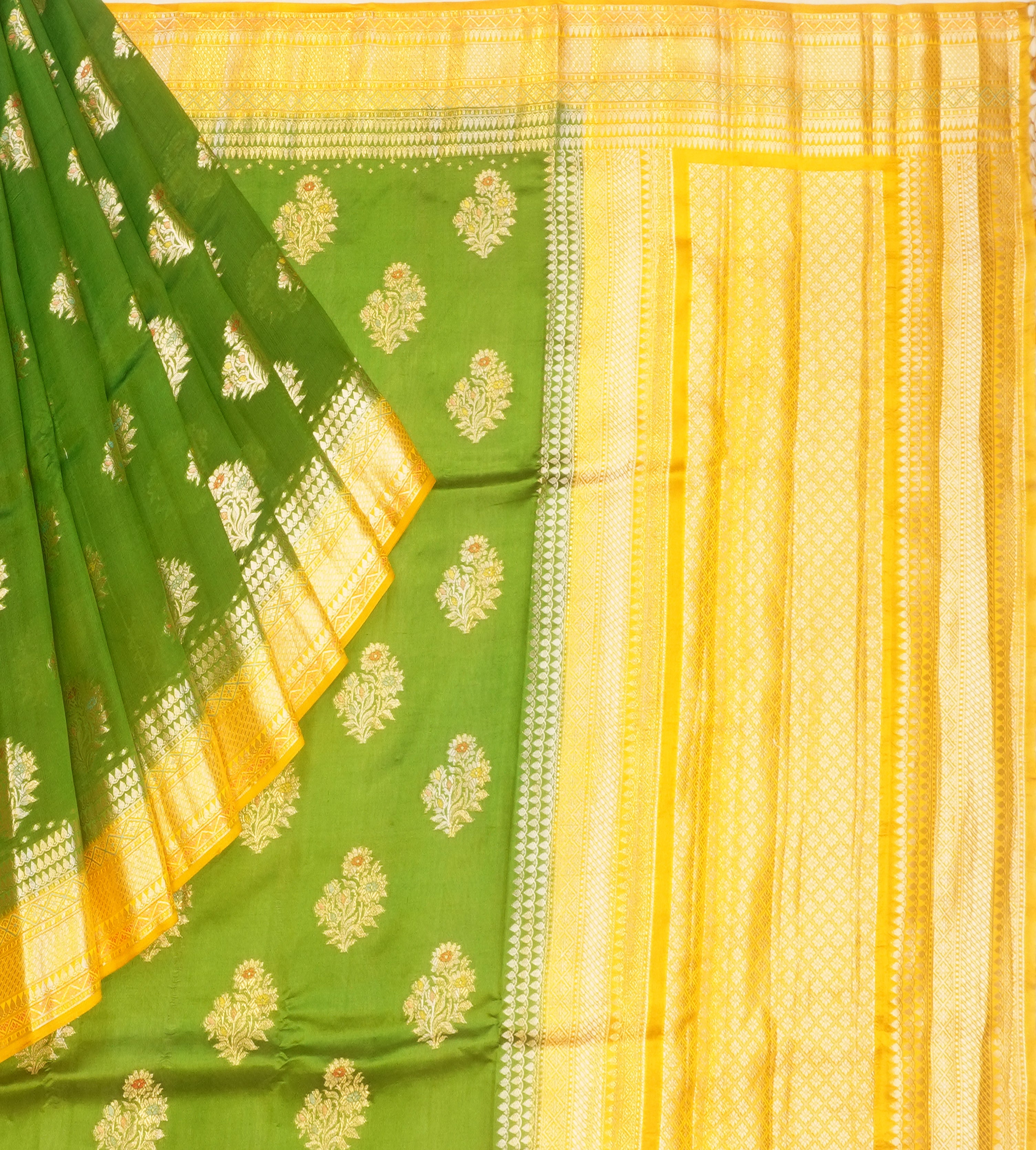 JSB- 10311 | Green & Yellow Pure Dupiyana Silk Saree