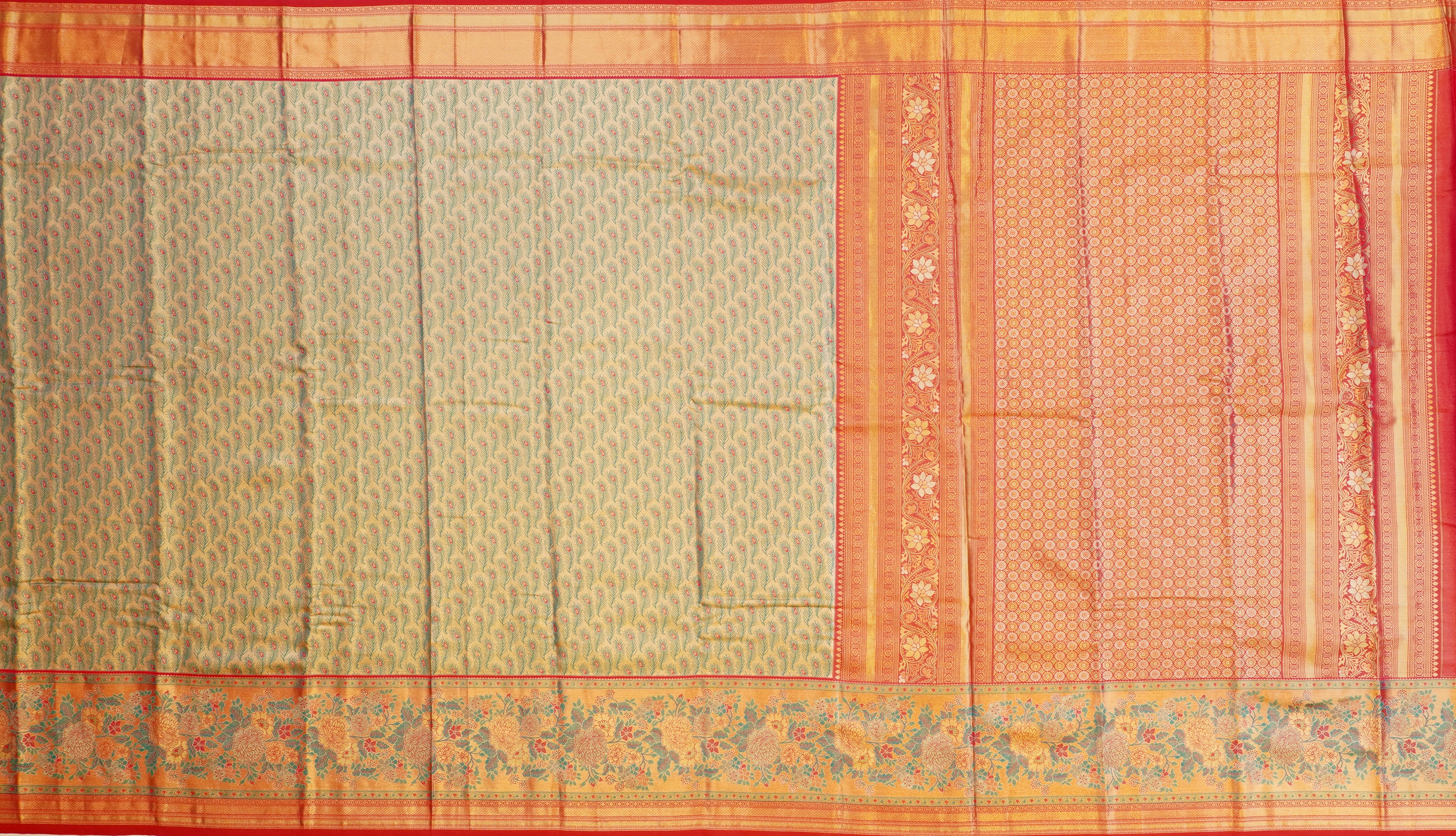JSB- 10431 | Rama Green & Pink Kathan Tissue Saree