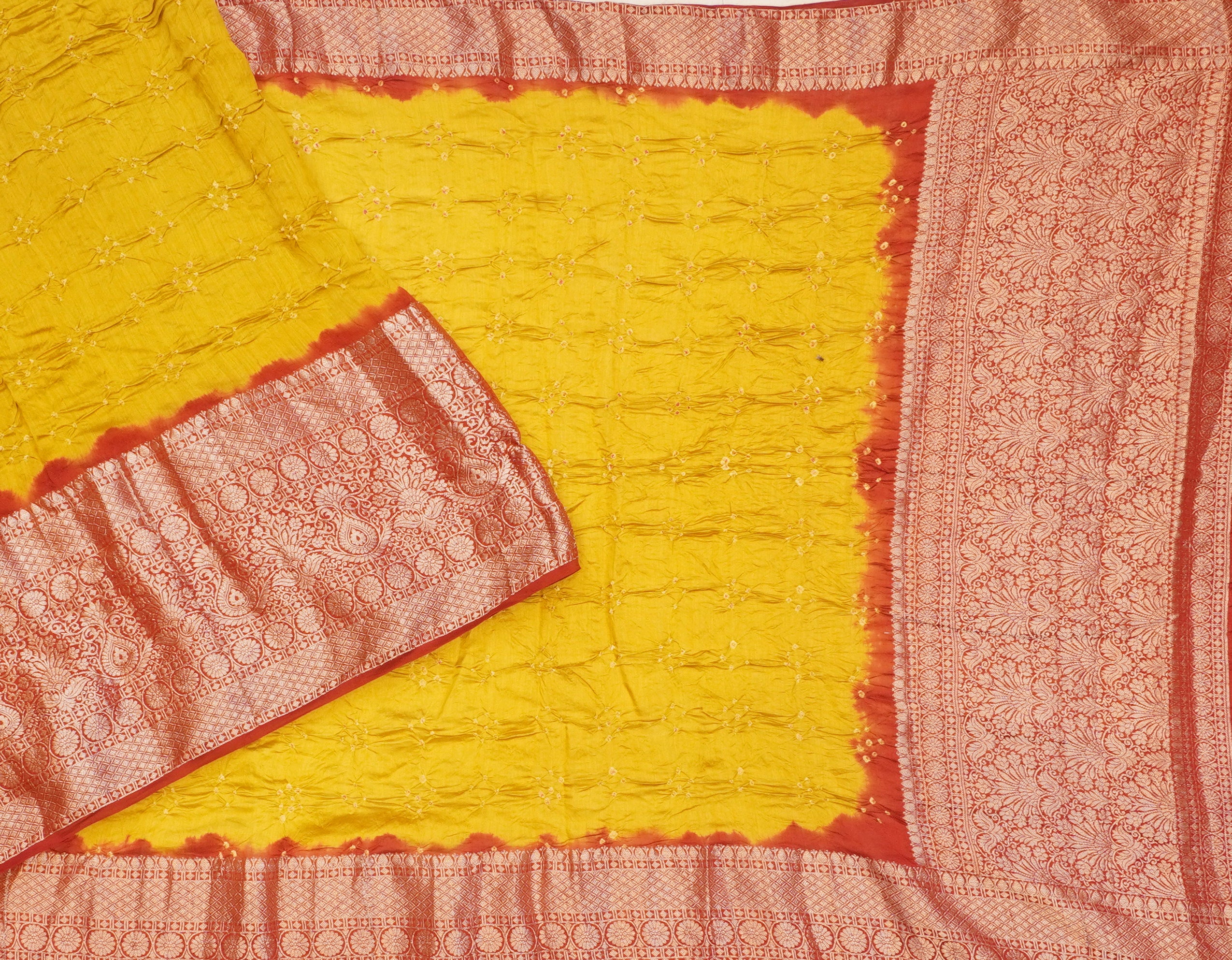 JSB- 9845 | Mustard & Red Pure Bandhini Silk Saree