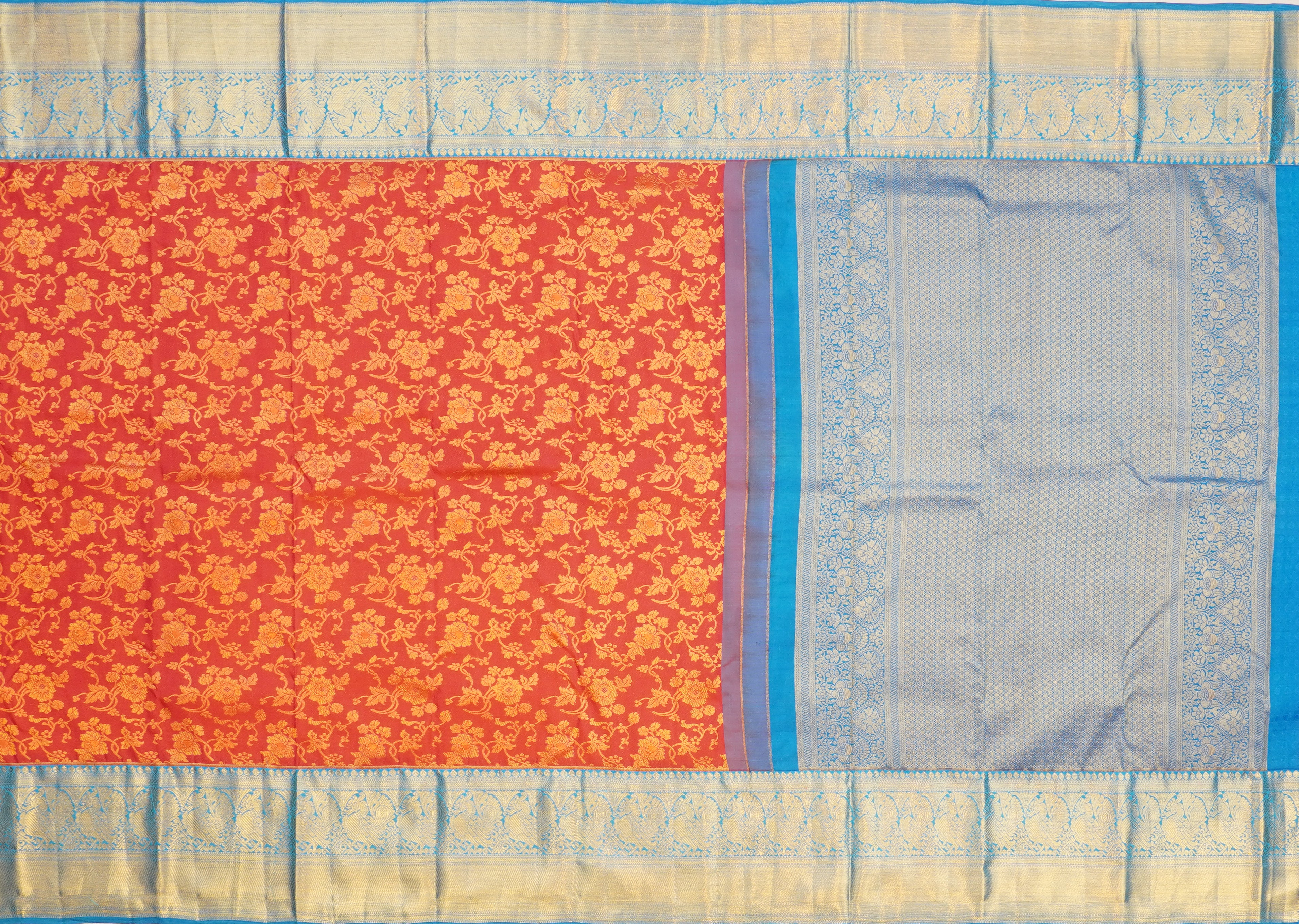 JSB- 8951 | Tomato Pink & Blue Pure Kanchi Gandharva Pattu Saree