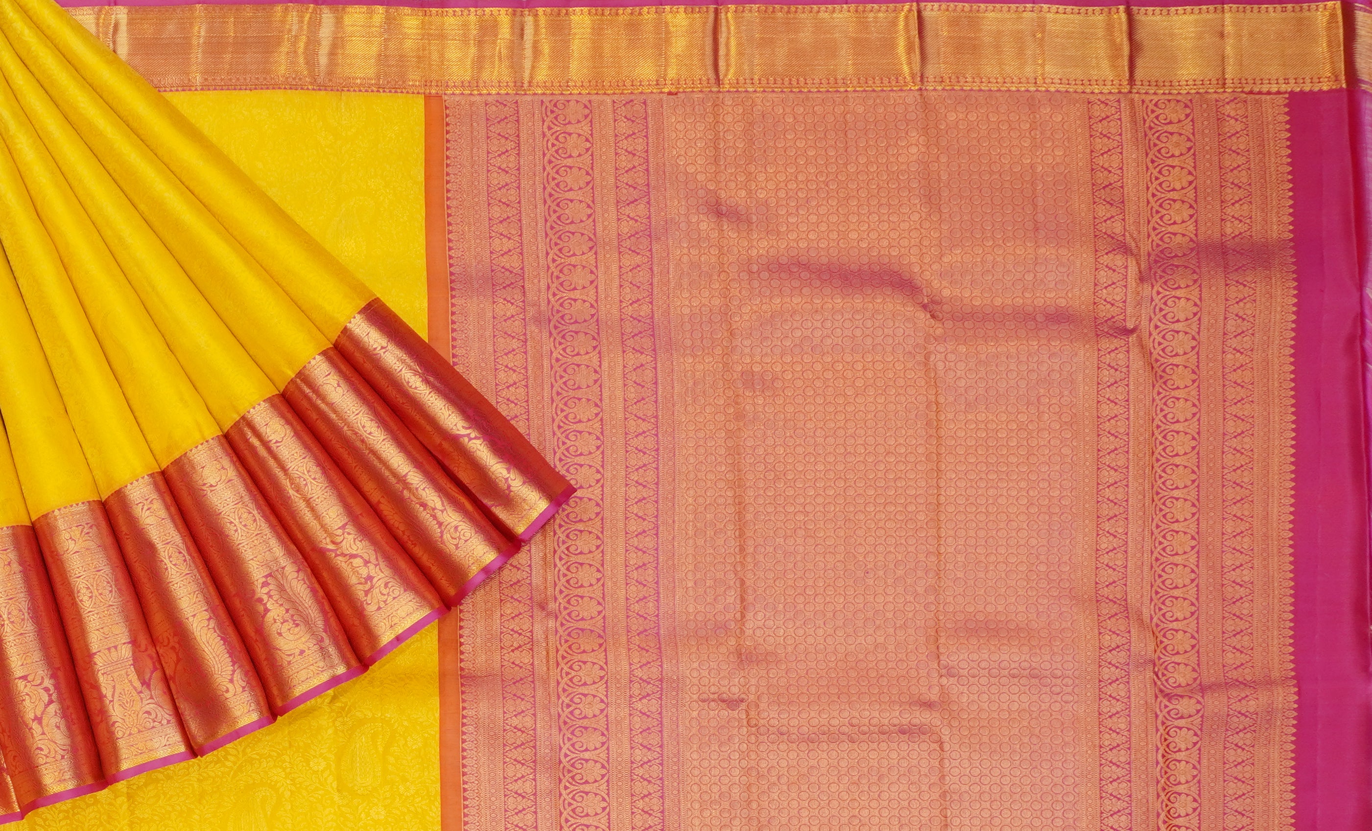 JSB- 8669 | Yellow & Pink Pure Kanchi Sampradaya Pattu Saree