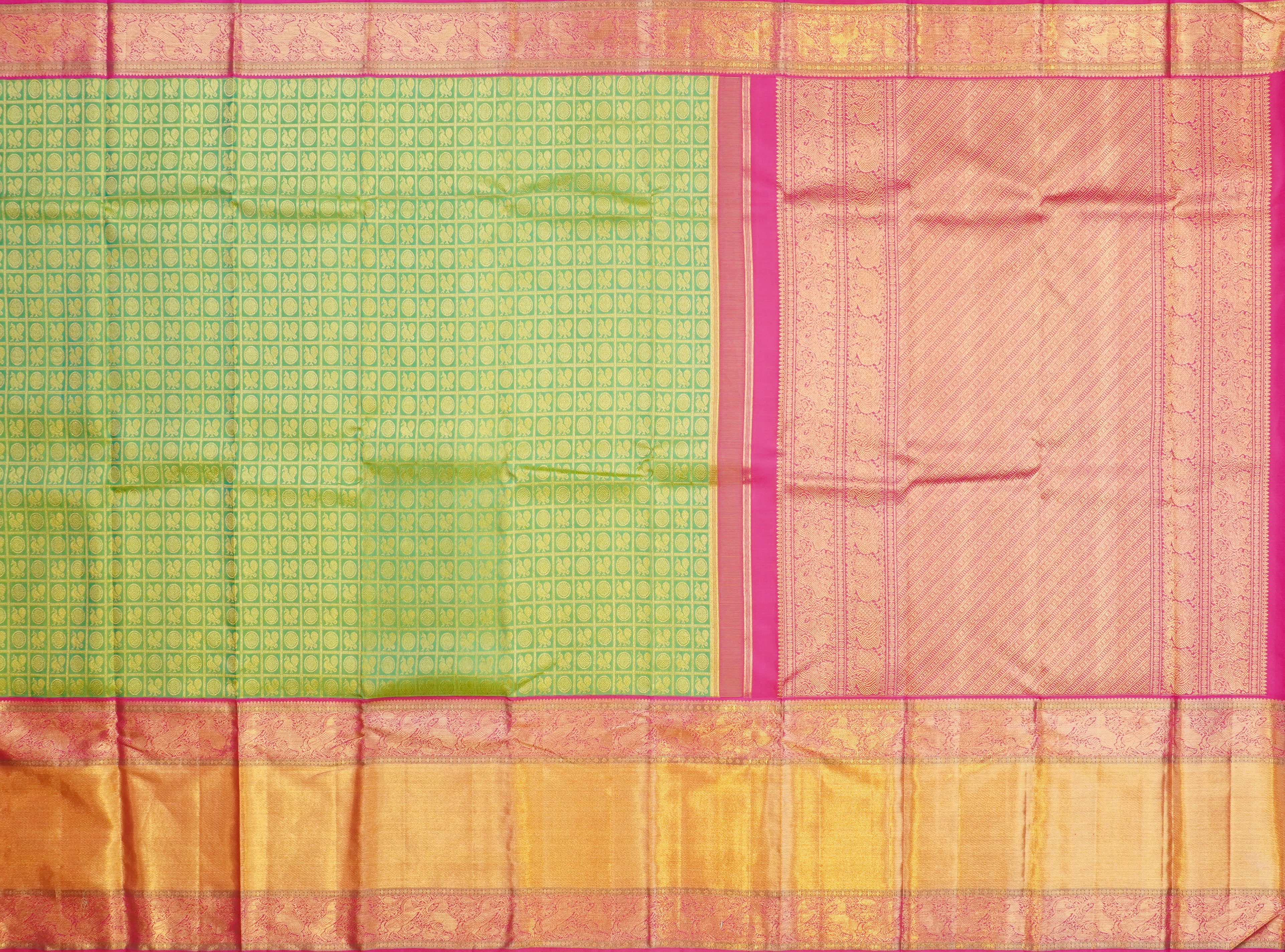 JAS -14 | Green & Pink Pure Kanchi Pattu | Weavers Special Discount Saree