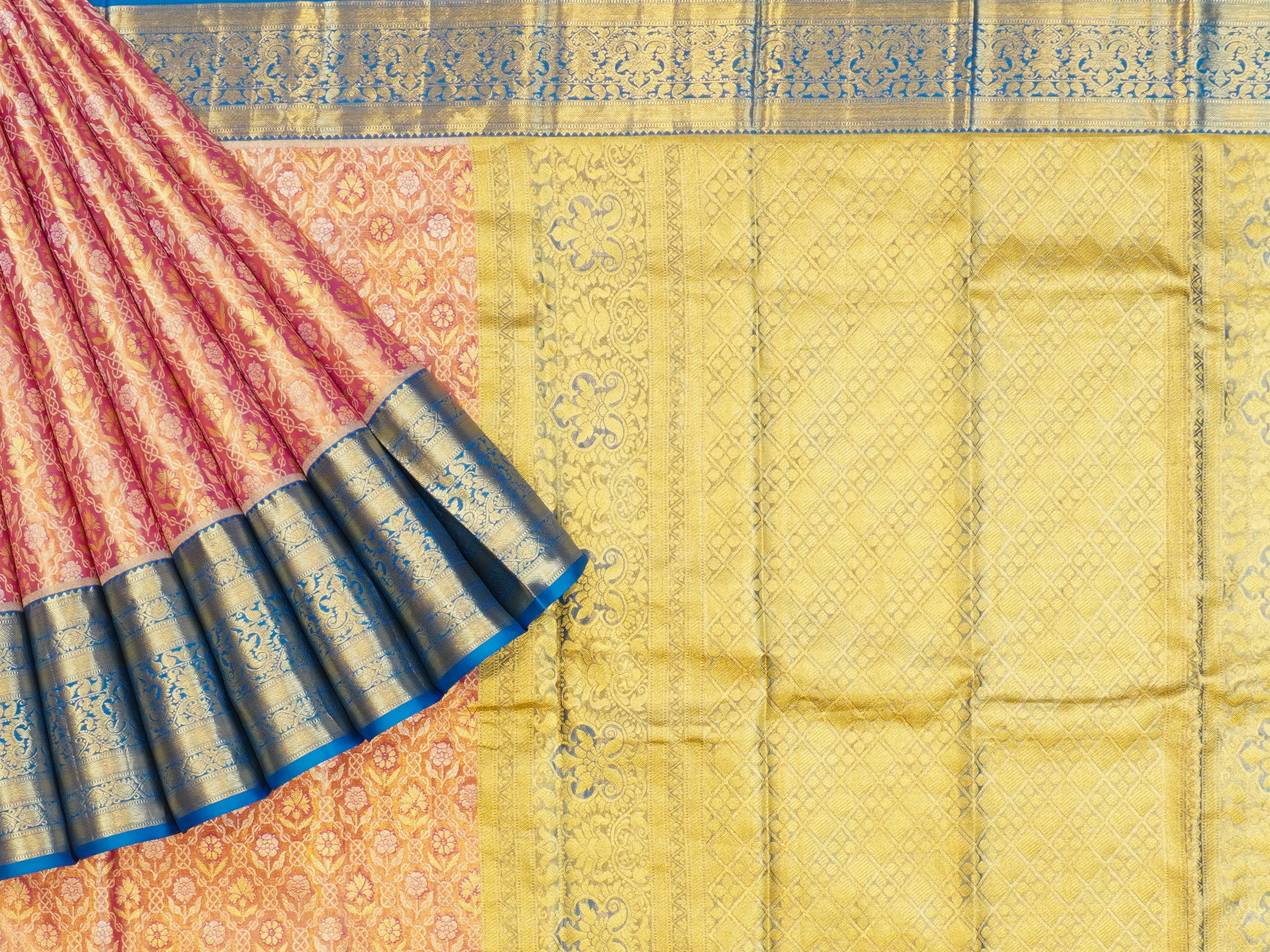 JSSB-91 | Rani Pink & Tiffany Blue Kanchipuram Tissue Pattu