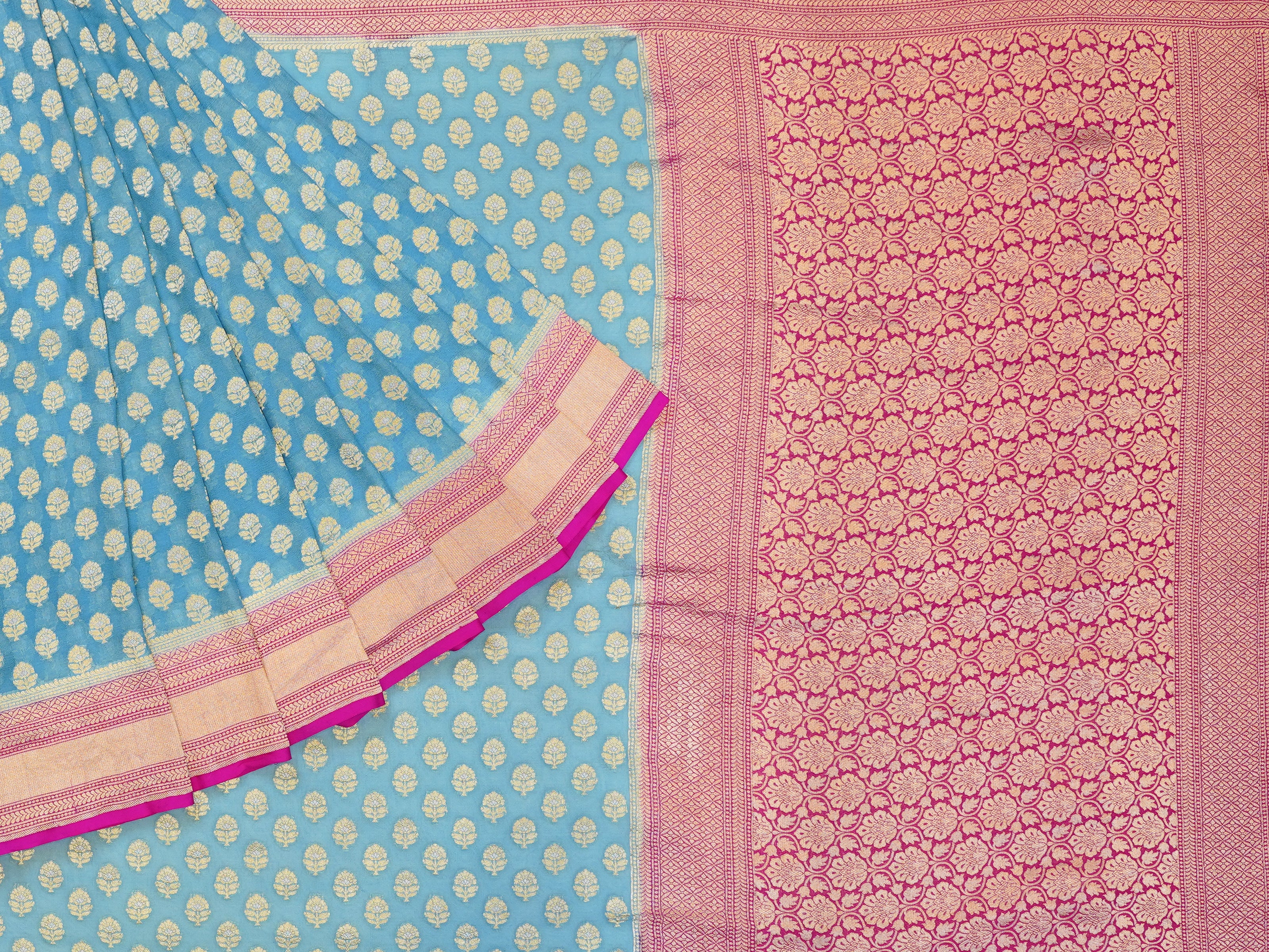 JSSB- 619 | Sky Blue & Pink Pure Banaras Georgette Saree