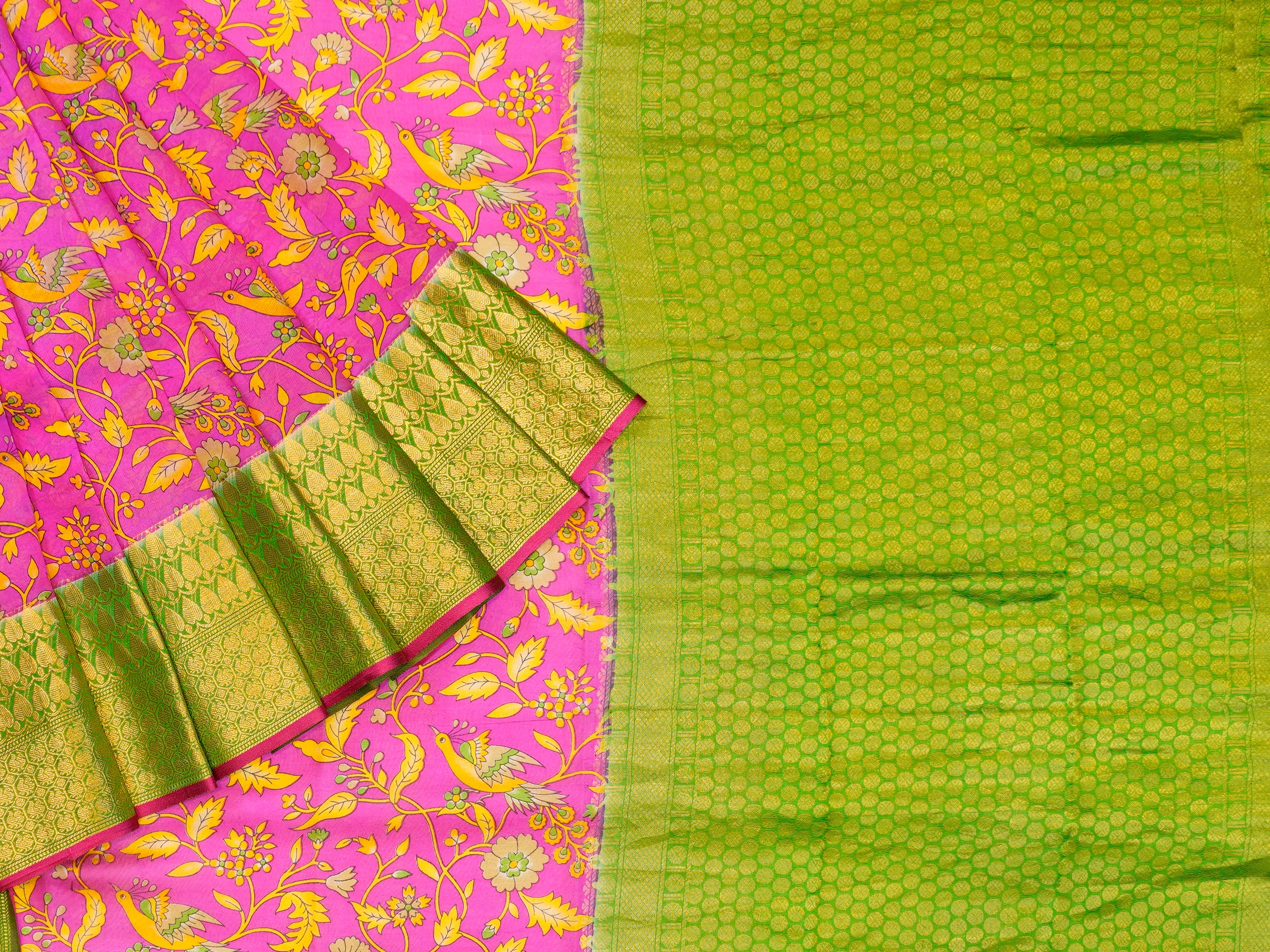 JSB- 2185 | Pink & Green Pure Soft Silk Saree