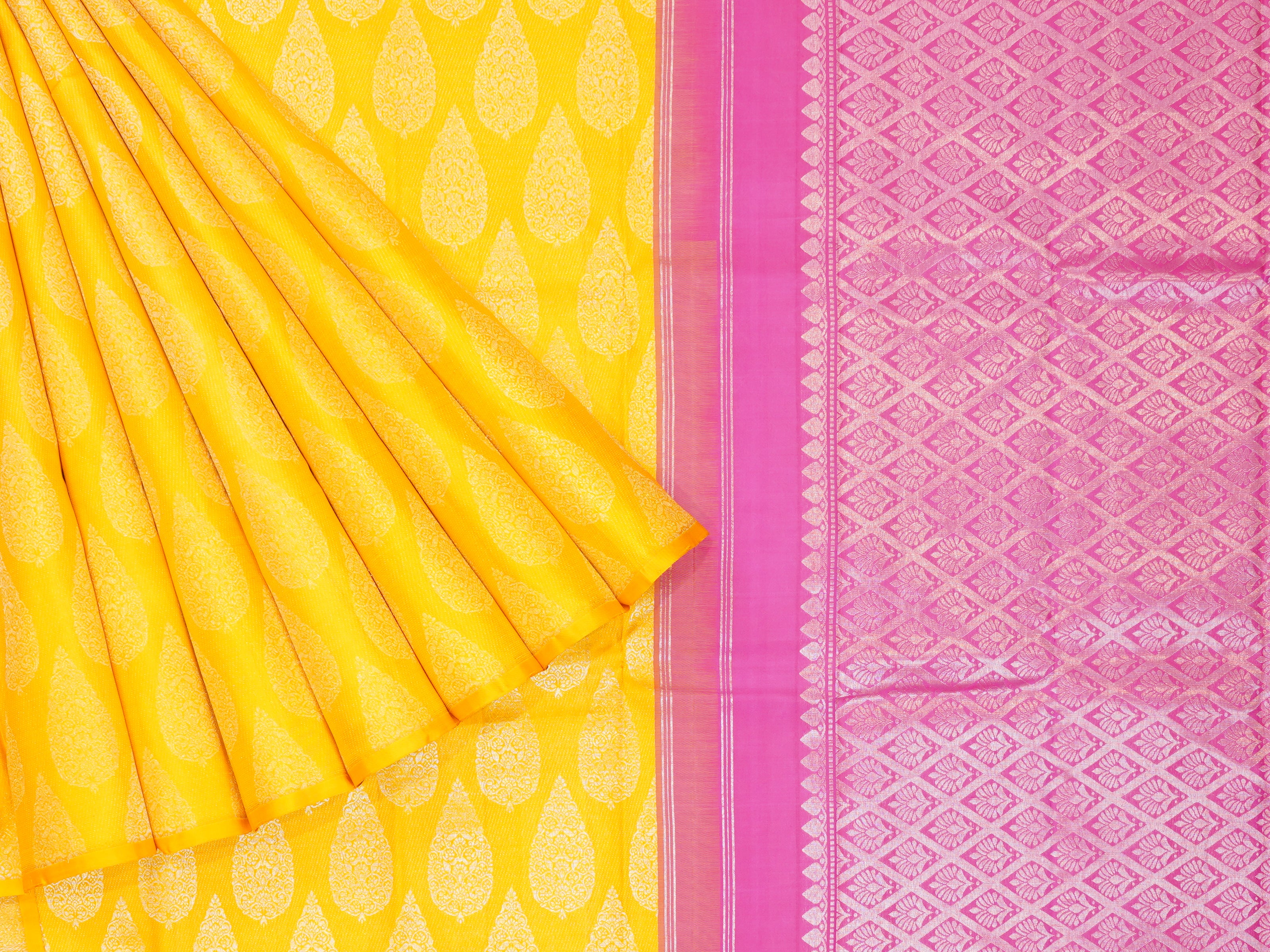 JAS- 87 | Yellow & Pink Kanchi Pattu Borderless Saree