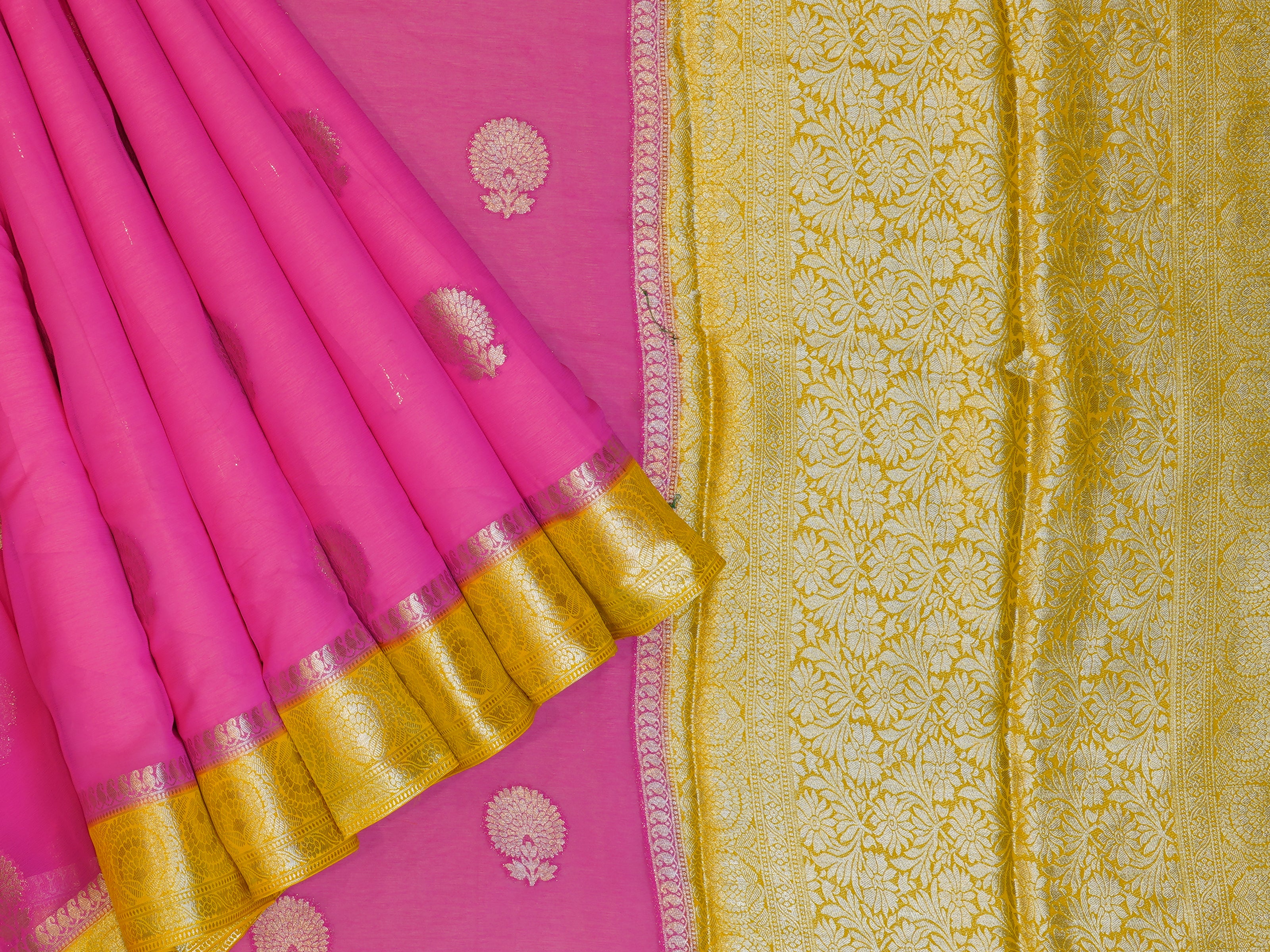 JSB-725 | Pink & Yellow Semi Binny Chiffon Saree