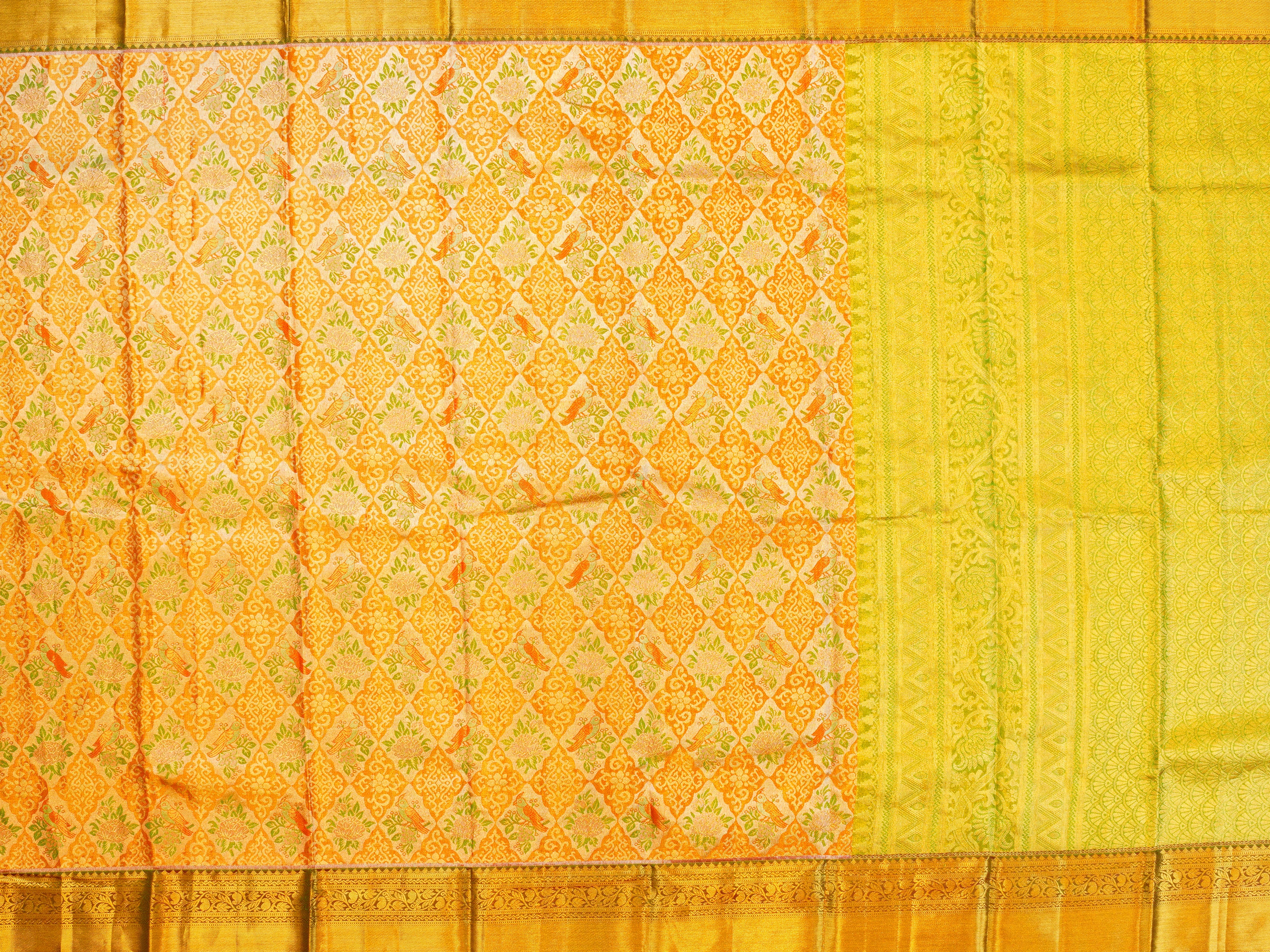 JSB- 3085 | Orange & Green Kanchi Tissue Pattu Saree