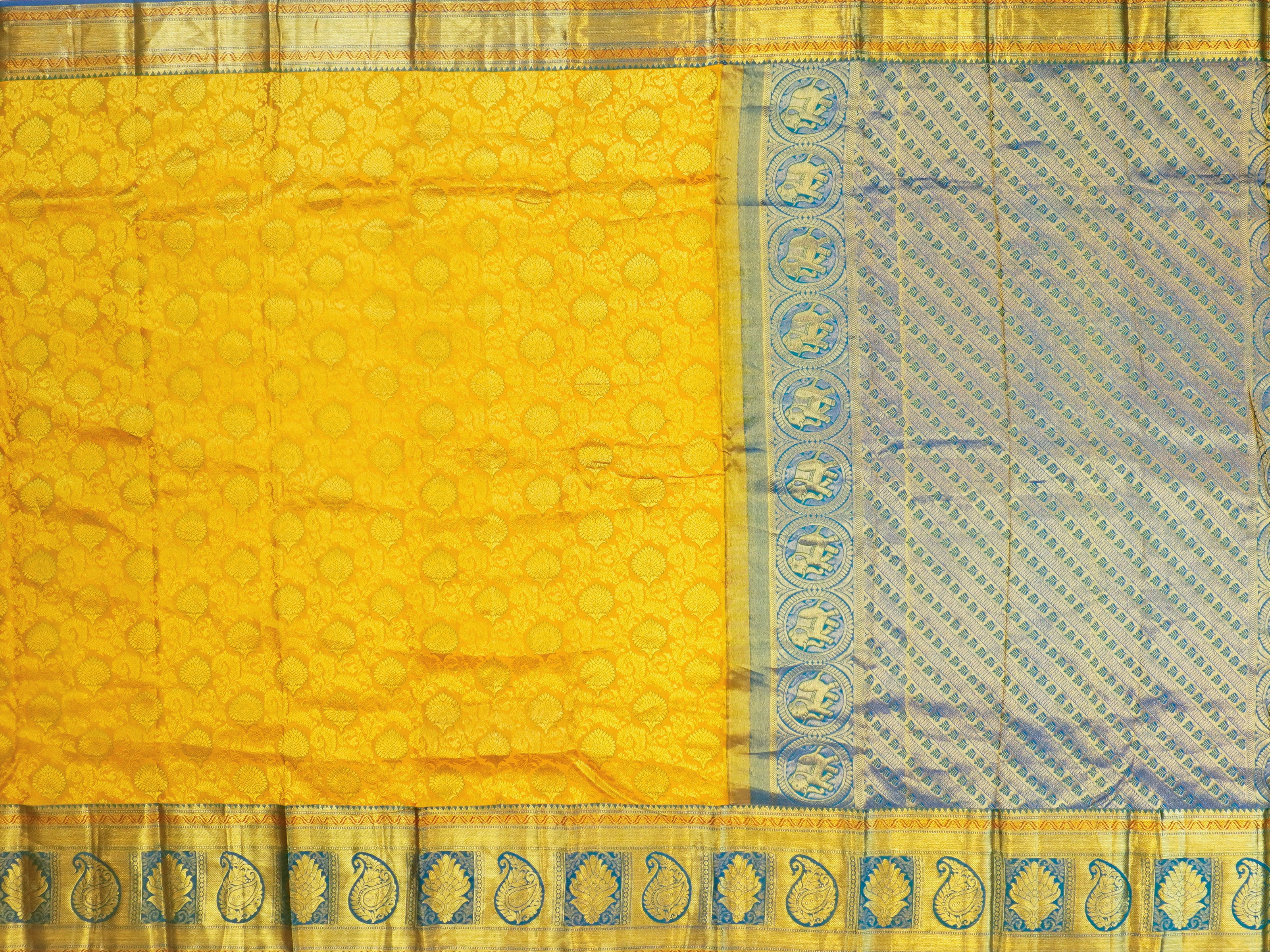 JAS-97 | Yellow & Blue Kanchi Pattu Saree | Weavers Special Discount Saree