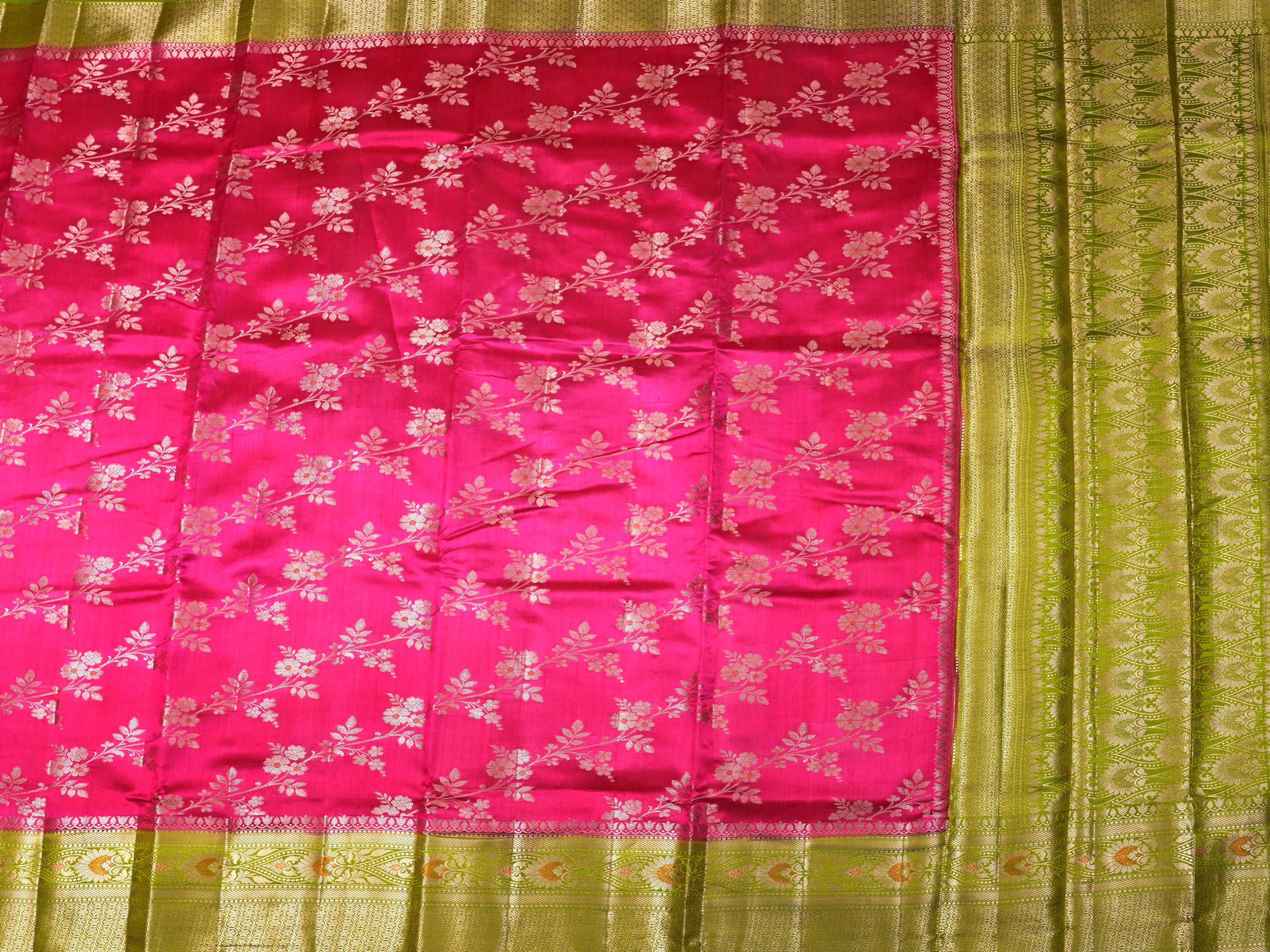 JSB-105 | Pink & Mahendi Green Chiniya Pattu | SSB266685