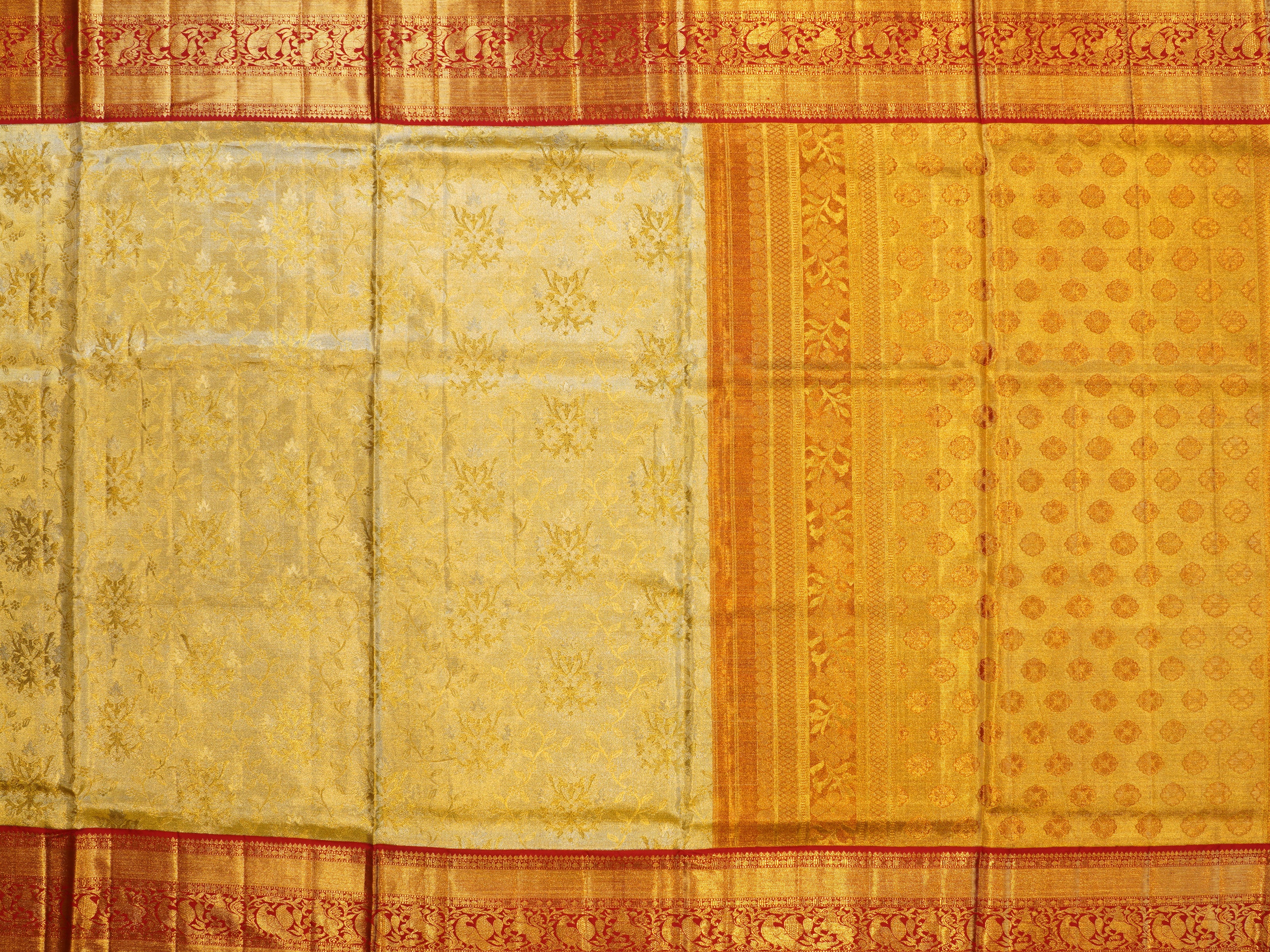 JSB-3258 | Gold & Maroon Kanchi Tissue Pattu Saree