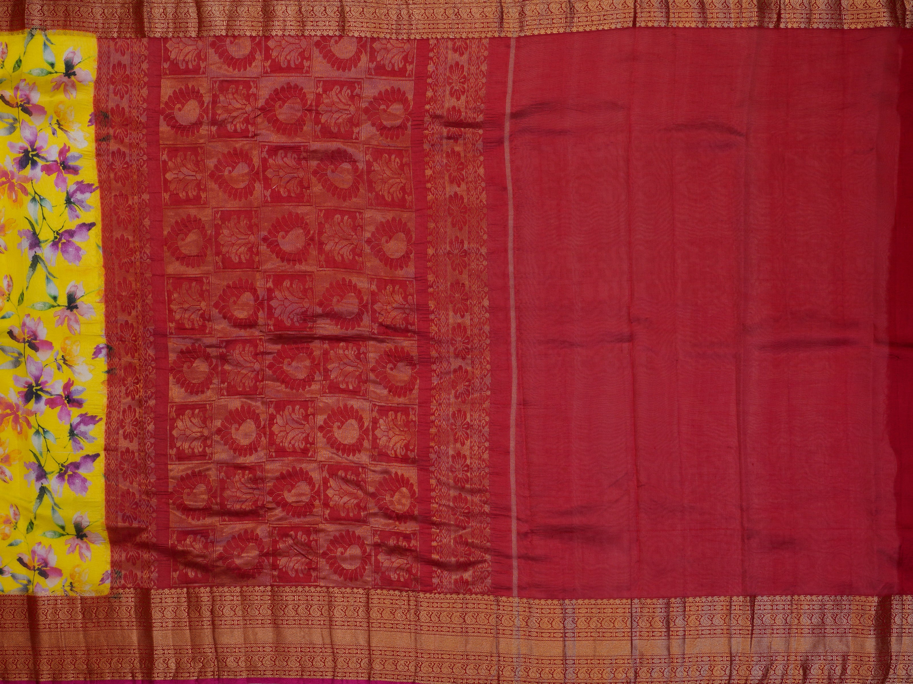 JSB- 1273 | Lime Yellow & Red Pure Kanchi Kora Saree